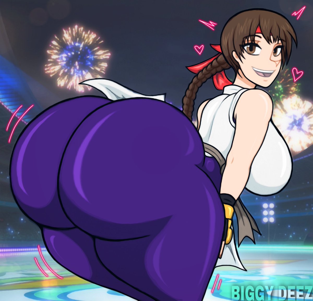 1female, 1girls, art of fighting, ass, ass focus, big ass, big breasts, biggy deez, braid, braided ponytail, breasts, brown eyes, brown hair, bubble butt, busty, clothed, clothed female, curvy, deezysempai, fat ass, female, female focus, female only, from behind, gloves, heart, huge ass, huge breasts, karate gi, king of fighters, leggings, light skin, light-skinned female, long hair, looking at viewer, looking back, outdoors, pants, public, round ass, shiny clothes, skirt, skirt lift, skirt up, smile, smiling at viewer, snk, solo, solo female, spandex, stage, standing, tagme, thick, thick ass, thick thighs, thighs, tight pants, yoga pants, yuri sakazaki