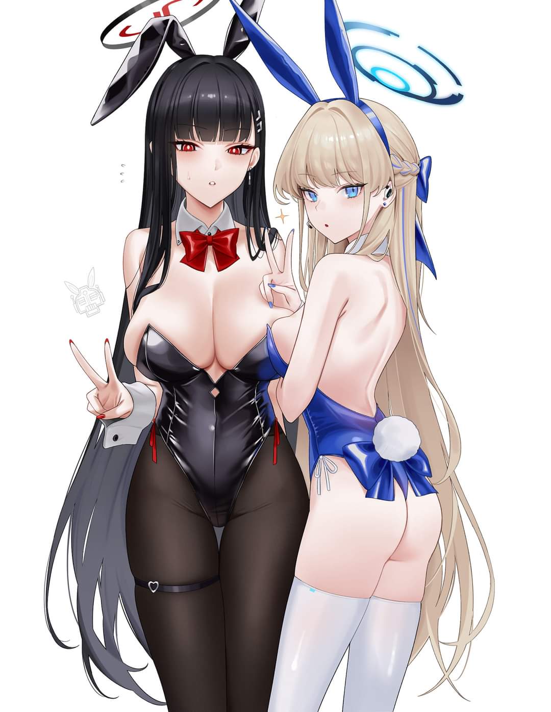 :o, 2girls, ass, back, big breasts, black hair, blonde hair, blue archive, blue bunnysuit, blue eyes, blue leotard, blue nails, blunt bangs, bowtie, breasts, bunny ears, bunny tail, bunnysuit, cleavage, cleavage overflow, detached collar, earrings, fake animal ears, female, female only, gfpebs, hair intakes, halo, hand gesture, leotard, long hair, millennium science school student, nail polish, painted nails, pantyhose, peace sign, red eyes, red nails, rio (blue archive), side-tie leotard, skindentation, small breasts, stockings, thigh strap, thighhighs, toki (blue archive), v, v sign, white background, white legwear, white thighhighs, wrist cuffs
