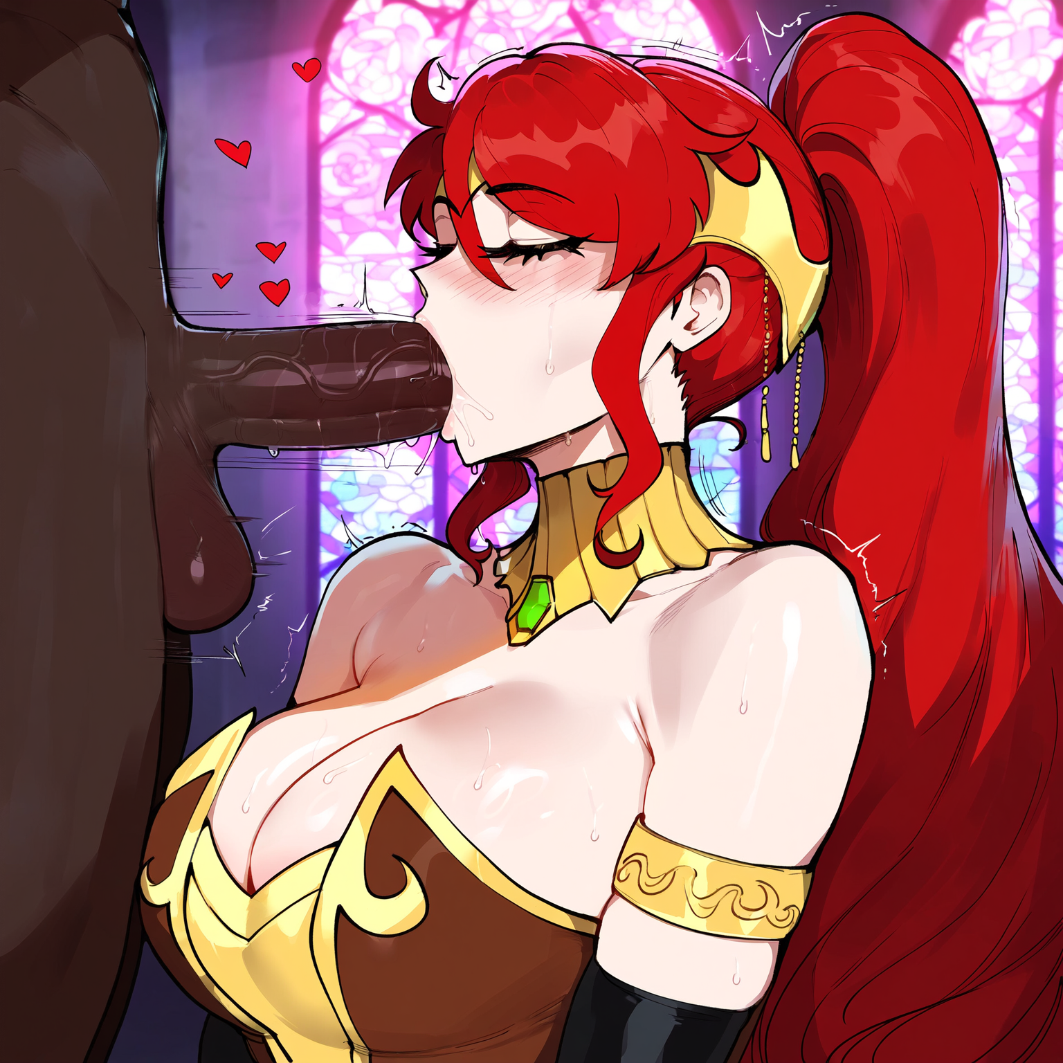 1boy, 1girls, ai generated, big breasts, breasts, creamy ai, dark-skinned male, fellatio, female, female focus, green eyes, hips, huge ass, huge breasts, huge cock, large breasts, light-skinned female, long hair, looking pleasured, male, penis, ponytail, pyrrha nikos, red hair, rwby, wide hips