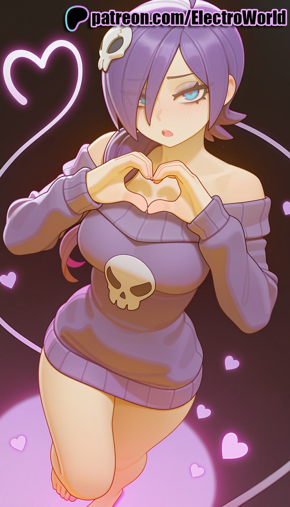 1girls, 2025, ai generated, artist name, bare shoulders, blowing kiss, borrowed character, electroworld, female, hair over one eye, heart, heart ahoge, heart background, heart hands, heart of string, heart-shaped pupils, hi res, high quality, high resolution, highres, naked sweater, off shoulder, off-shoulder sweater, patreon, patreon username, purple hair, solo, spoken heart, stable diffusion, sweater, symbol-shaped pupils, watermark, zone-tan