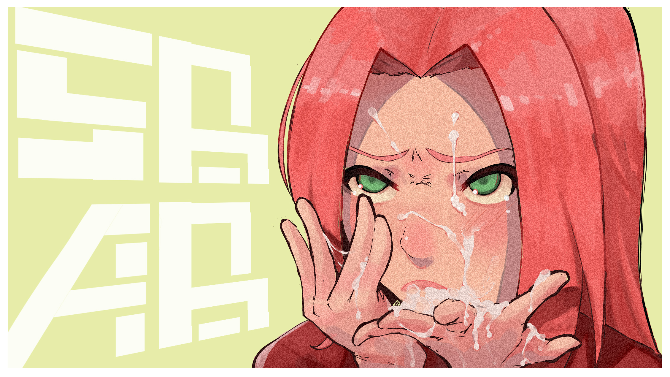 1girls, after fellatio, artist request, clothing, cum, cum drip, cum in mouth, cum on face, female, female only, green eyes, hwuux, long hair, naruto, naruto (classic), naruto (series), pink hair, sakura haruno, solo