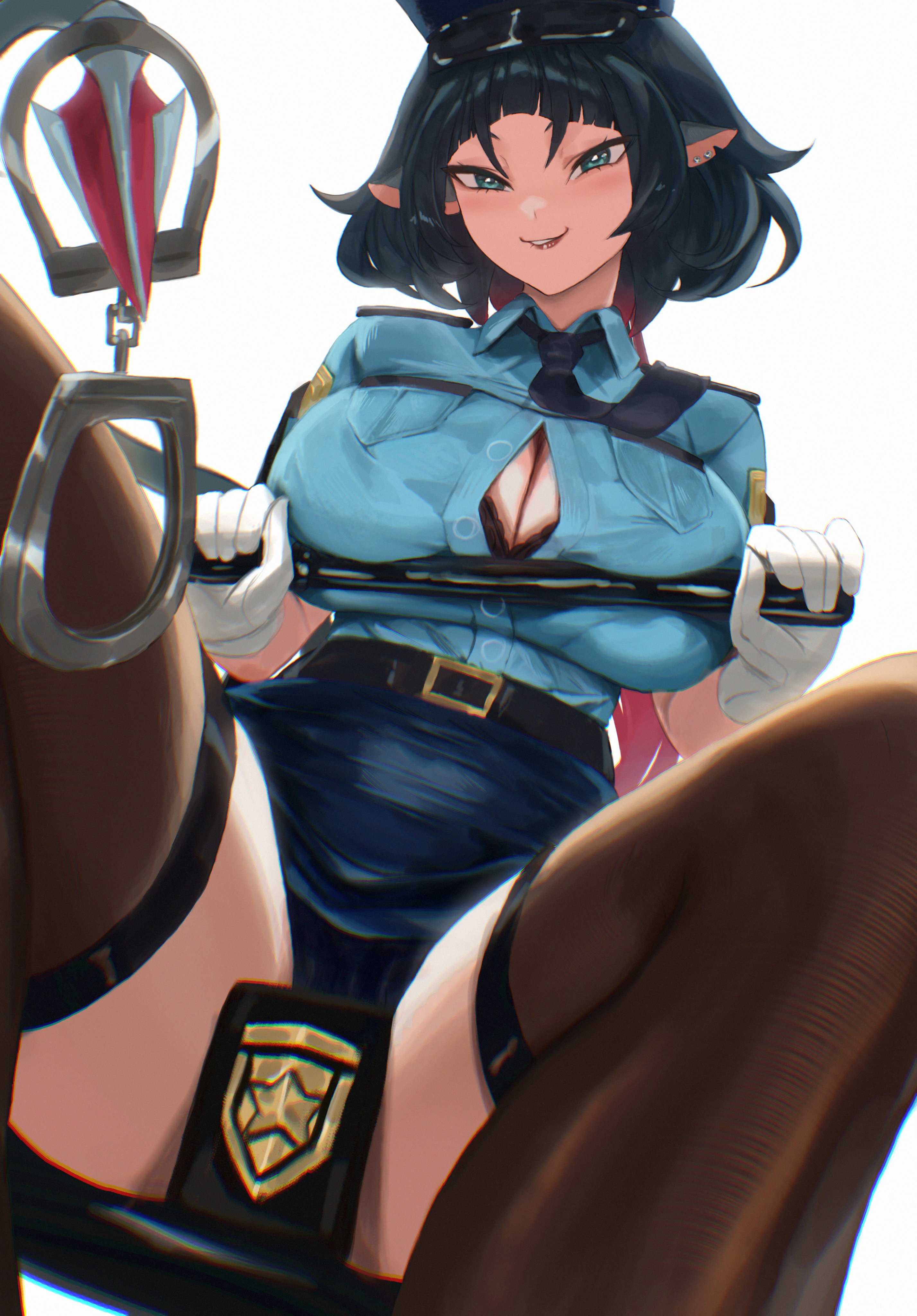 1girls, absurdres, alternate costume, badge, black bra, black hair, black panties, black thighhighs, blue shirt, blue skirt, bra, bra peek, breasts, commentary, cuffs, ear piercing, english commentary, female, female only, gloves, green eyes, handcuffs, hat, highres, hirosenpai, holding, holding handcuffs, holding with tail, jane doe (zenless zone zero), large breasts, long hair, multicolored hair, nightstick, panties, partially unbuttoned, peaked cap, police, police uniform, policewoman, prehensile tail, red hair, shirt, sitting, skirt, smile, solo, tail, thighhighs, thighs, two-tone hair, underwear, white gloves, zenless zone zero