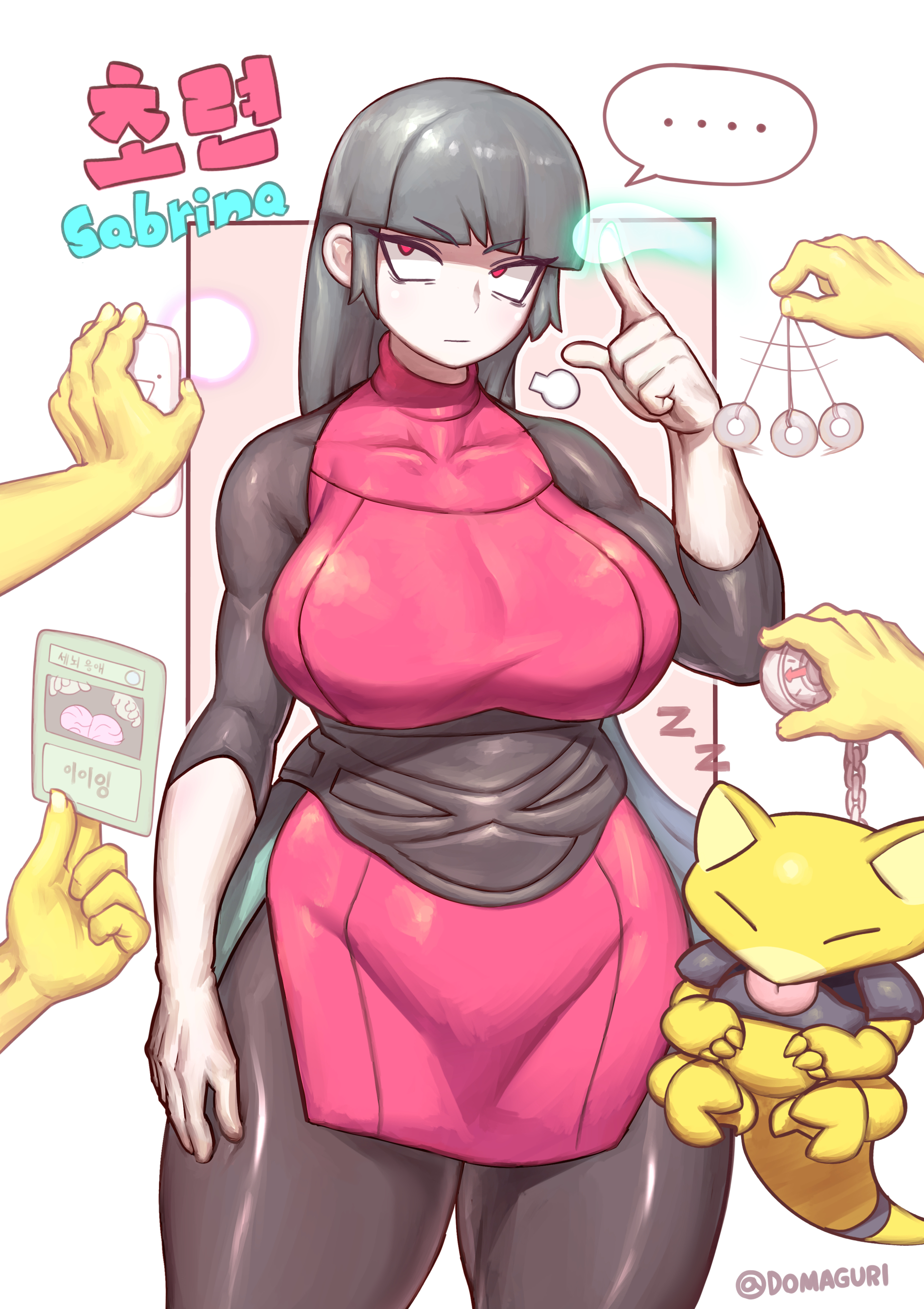 ..., 1girls, abra, absurdres, annoyed, black bodysuit, black hair, blunt bangs, bodysuit, bodysuit under clothes, brain control (yu-gi-oh!), breasts, chains, character name, closed mouth, commentary request, covered collarbone, covered groin, cropped jacket, curvy, domaguri, elbow gloves, female, female only, game freak, gen 1 pokemon, gloves, gym leader, hand on own hip, hand up, highres, holding, holding compass, holding pendulum, holding phone, huge breasts, hypno, hypnosis, index finger raised, korean commentary, korean text, long hair, mind control, nintendo, pendulum, phone, pink crop top, pink skirt, pokemon, pokemon (creature), pokemon lgpe, red eyes, rolling eyes, sabrina (pokemon lgpe), sabrina (pokemon), side slit, sigh, simple background, skirt, sleeveless, sleeveless turtleneck, sleeveless turtleneck crop top, spoken ellipsis, turtleneck, twitter username, white gloves, wide hips, yu-gi-oh!, zzz