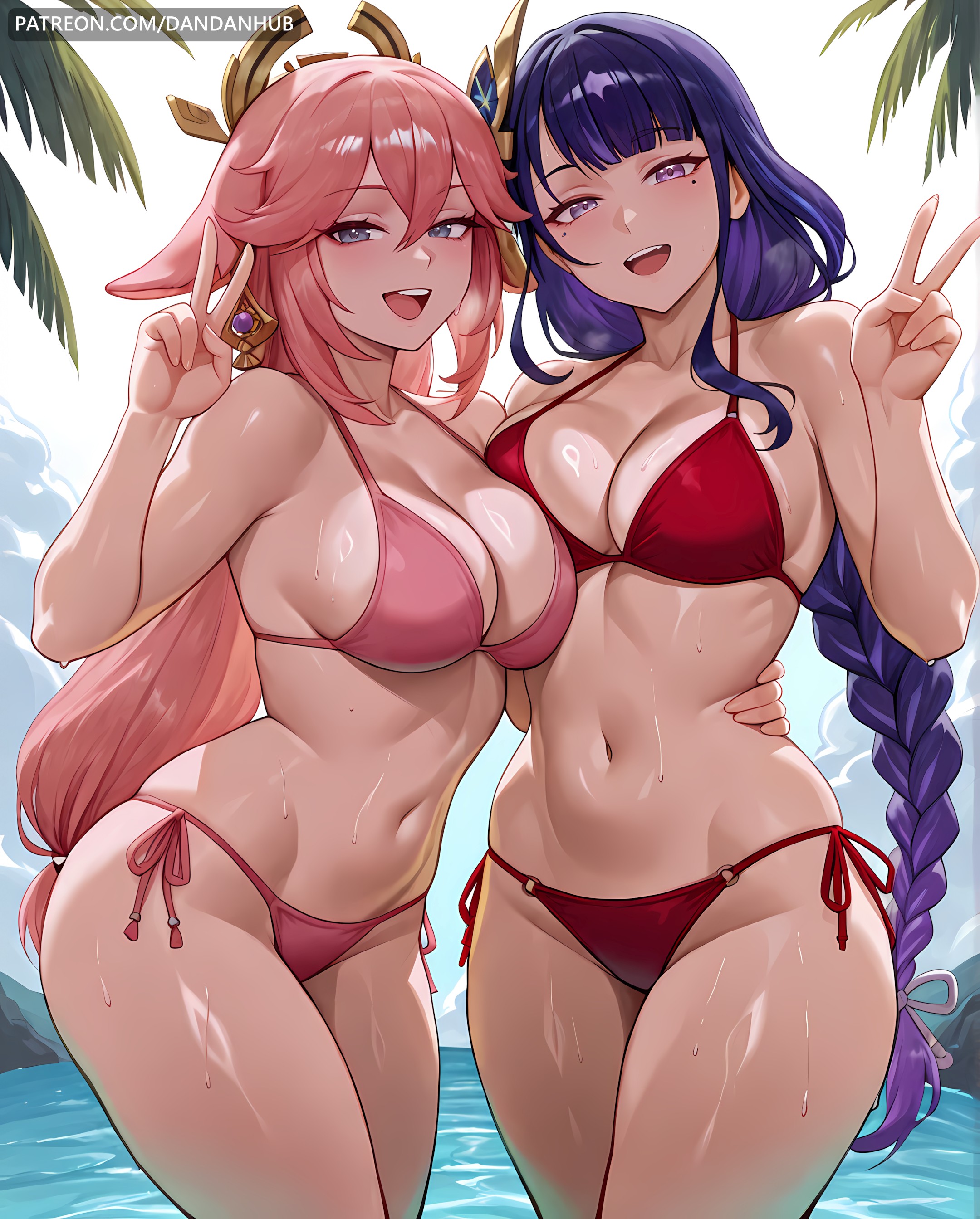 2girls, ai generated, animal ears, asymmetrical docking, bangs, bare shoulders, bikini, blush, braid, braided ponytail, breast press, breasts, cleavage, collarbone, dandanhub, earrings, female, female only, genshin impact, hair ornament, hand on another's waist, jewelry, large breasts, long hair, looking at viewer, mole, mole under eye, multiple girls, navel, open mouth, outdoors, pink bikini, pink hair, purple eyes, purple hair, raiden shogun, red bikini, side-tie bikini bottom, smile, swimsuit, thighs, v, very long hair, water, wet, yae miko