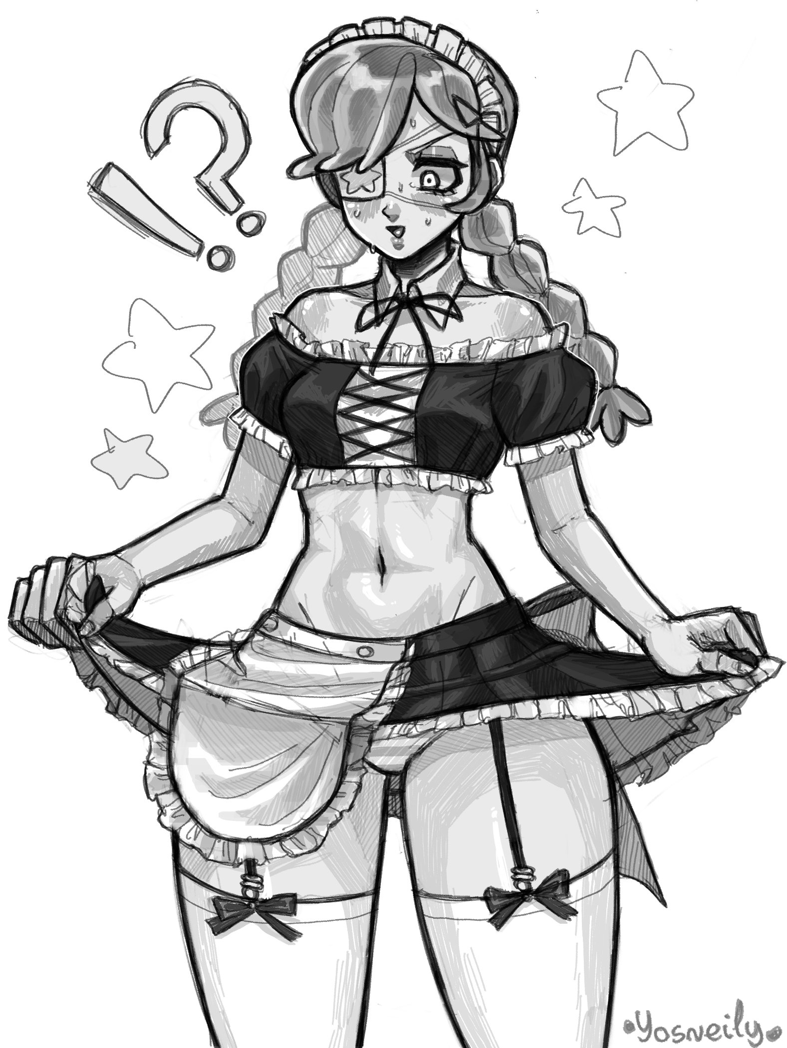 !?, 1girls, alternate costume, annie (skullgirls), apron, blush, braid, clothes lift, cowboy shot, detached collar, eyepatch, female, female only, frilled apron, frilled skirt, frills, garter straps, greyscale, groin, highres, looking down, maid headdress, midriff, monochrome, mooo sann, navel, panties, parted lips, puffy short sleeves, puffy sleeves, revealing clothes, short sleeves, skirt, skirt lift, skullgirls, small breasts, solo, striped clothes, striped panties, sweat, thighhighs, twin braids, underwear, upskirt, waist apron