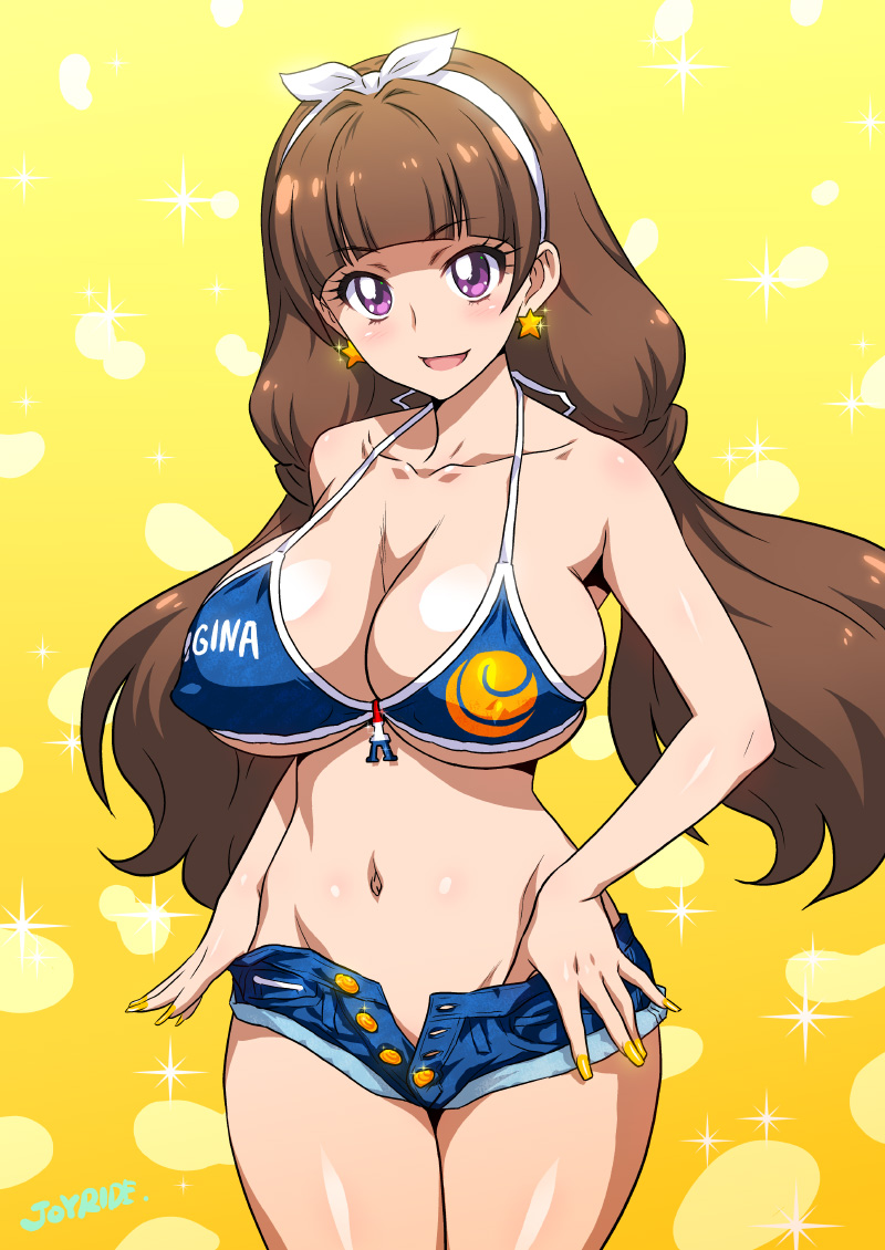 amanogawa kirara, bikini top, breasts, brown hair, cleavage, clothing, earrings, female, fingernails, go! princess precure, hair ribbon, hairband, joy ride, large breasts, long hair, nail polish, navel, no panties, precure, pretty cure, purple eyes, ribbon, shorts, solo, standing, swimsuit