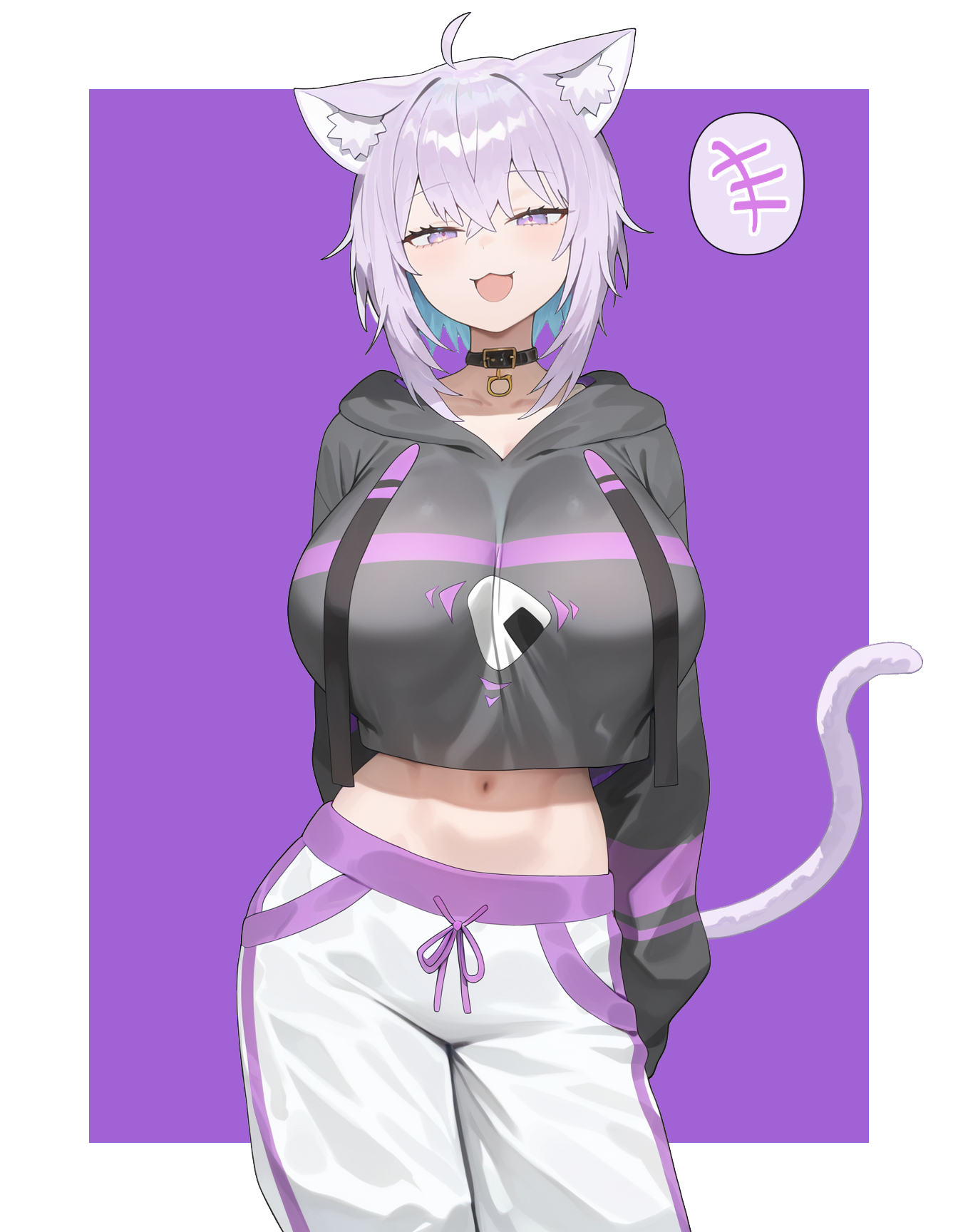 :3, 1girls, ai generated, big breasts, blush, breasts, cat ears, cat girl, cat tail, catgirl, collar, collarbone, female, hips, hololive, hololive gamers, hololive japan, huge breasts, looking at viewer, navel, nekomata okayu, onigiri, open mouth, purple eyes, purple hair, smug, smug face, virtual youtuber, vtuber, wide hips, xeno4994