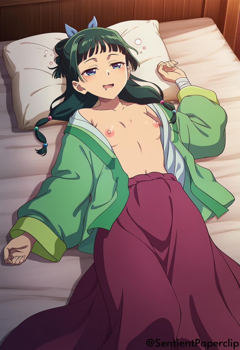 ai generated, bed, bedroom, breasts, drunk, drunk bubble, drunk female, female, female only, kusuriya no hitorigoto, maomao (kusuriya no hitorigoto), open shirt, sentientclip, sentientpaperclip, small breasts