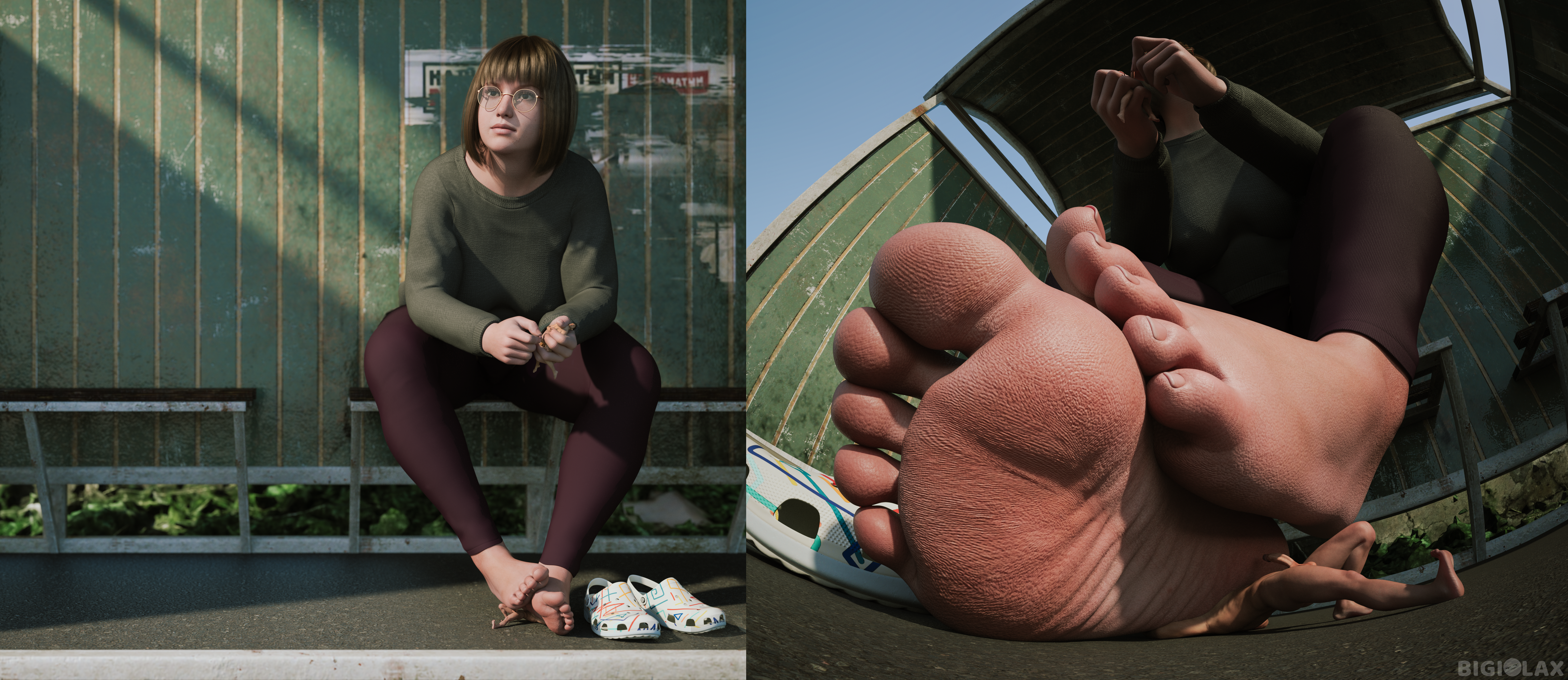 1girls, 2boys, 3d, absurd res, absurd resolution, barefoot, bigiolax, bob cut, bus stop, chubby, chubby female, clothed female nude male, crocs, dorky, dorky girl, emotionless, erection, feet, female, foot crush, foot fetish, foot focus, footwear, giantess, glasses, handjob, highres, leggings, male, miniguy, oc, round glasses, shoes removed, sitting, sitting on bench, sweater, uninterested