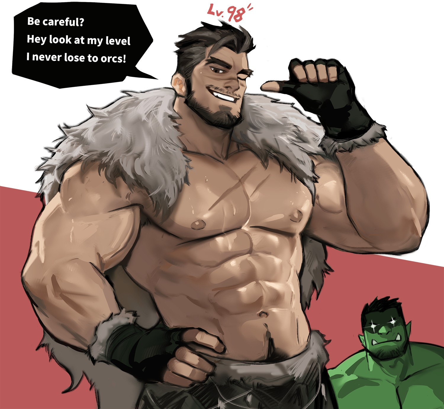beard, dopq, facial hair, fur cape, green skin, human, human male, male, male only, muscles, muscular, muscular male, orc, orc male, scar, tusks