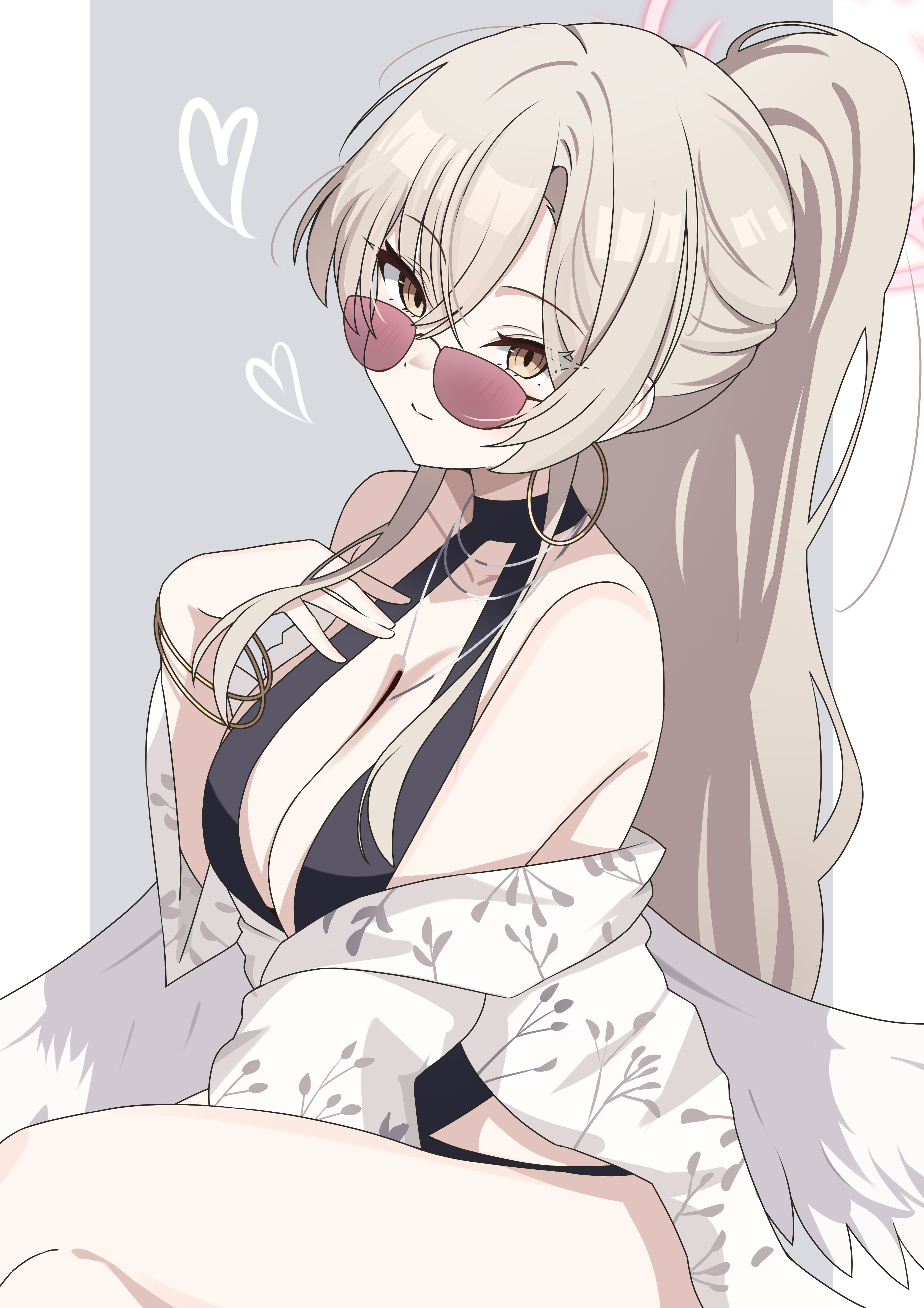 absurdres, bare shoulders, bikini, black bikini, blue archive, blush, breasts, brown hair, cleavage, collarbone, earrings, female, halo, hand on own chest, highres, hoop earrings, jewelry, kanimiso30601, large breasts, long hair, looking at viewer, looking over eyewear, looking over sunglasses, nagisa (blue archive), nagisa (swimsuit) (blue archive), necklace, ponytail, red halo, shirt, sitting, solo, sunglasses, swimsuit, thighs, tinted eyewear, very long hair, white shirt, yellow eyes