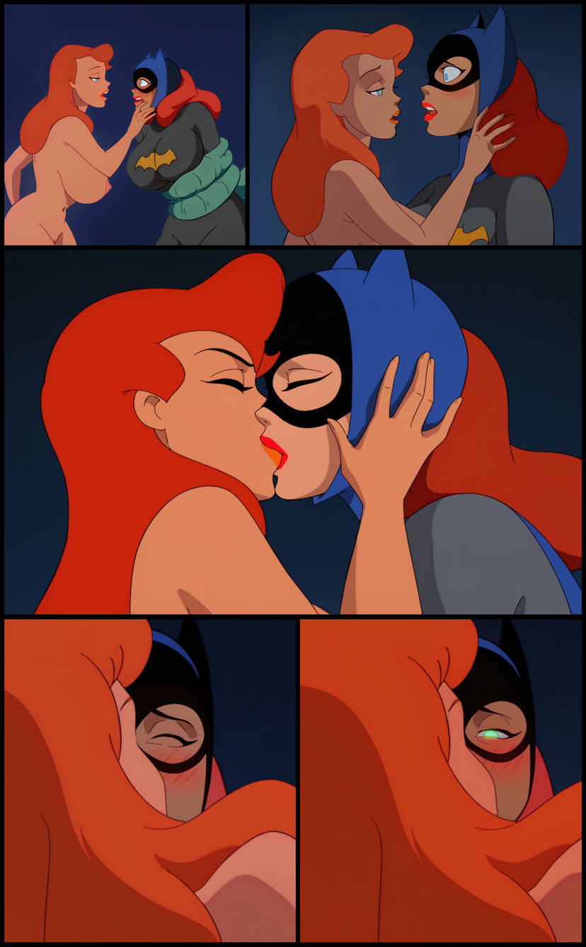 2girls, ai assisted, ai generated, barbara gordon, batgirl, batgirl (dcau), batman (series), batman: the animated series, blue background, blue eyes, bondage, breasts, closed eyes, comic, curvy, dc, dc comics, dcau, dubious consent, eye changing, female, femdom, femsub, forced yuri, glowing eyes, green eyes, heroine, heroine in trouble, holding partner, hypnosis, kissing, large breasts, light skin, light-skinned female, mind control, moldycandy, orange hair, pamela isley, poison ivy, poison ivy (dcau), questionable consent, red hair, tan skin, tentacle, villainess, villainess dominating heroine, voluptuous, yuri