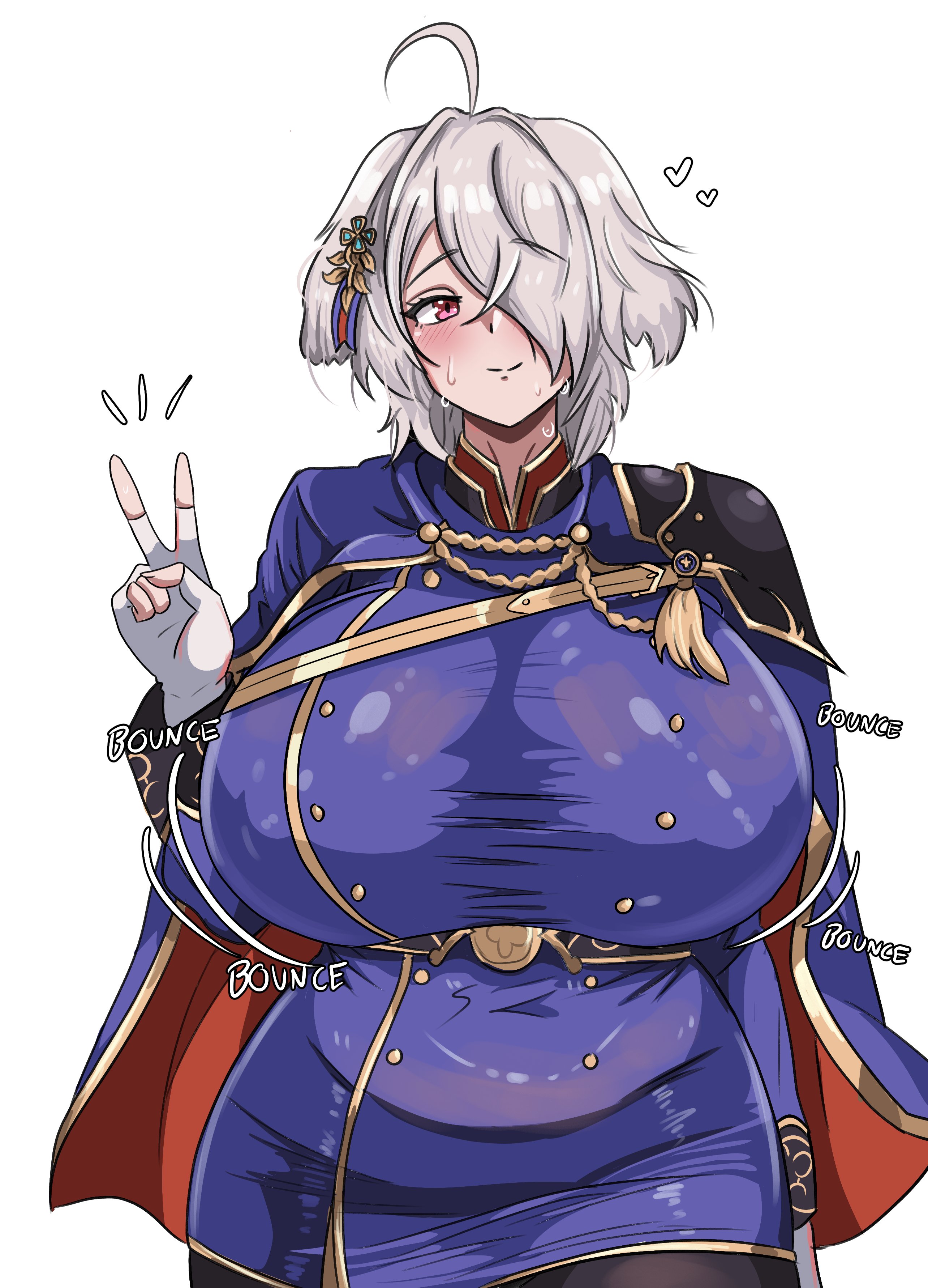 absurd res, alternate breast size, ambiguous gender (lore), animal ears, big breasts, bouncing breasts, breasts, breasts bigger than head, cape, dog ears, dog girl, female, fire emblem, fire emblem shadows, grayside, hair ornament, hair over one eye, huge breasts, kurt (fire emblem), peace sign, princess, red eyes, short hair, skin tight, smile, solo, white hair