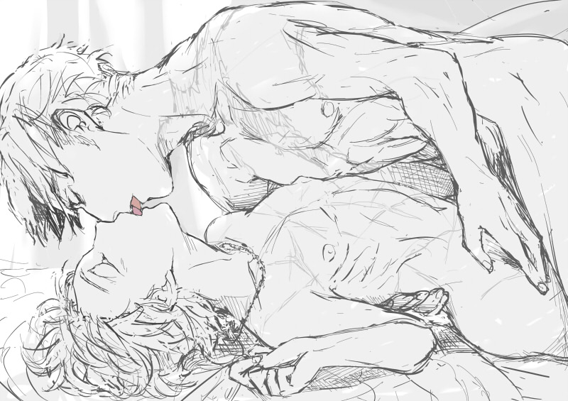 2boys aldnoah.zero french_kiss harklight human jewelry kissing lying male male_only monochrome multiple_boys necklace on_back short_hair slaine_troyard spot_color tarakoutibiru tongue yaoi