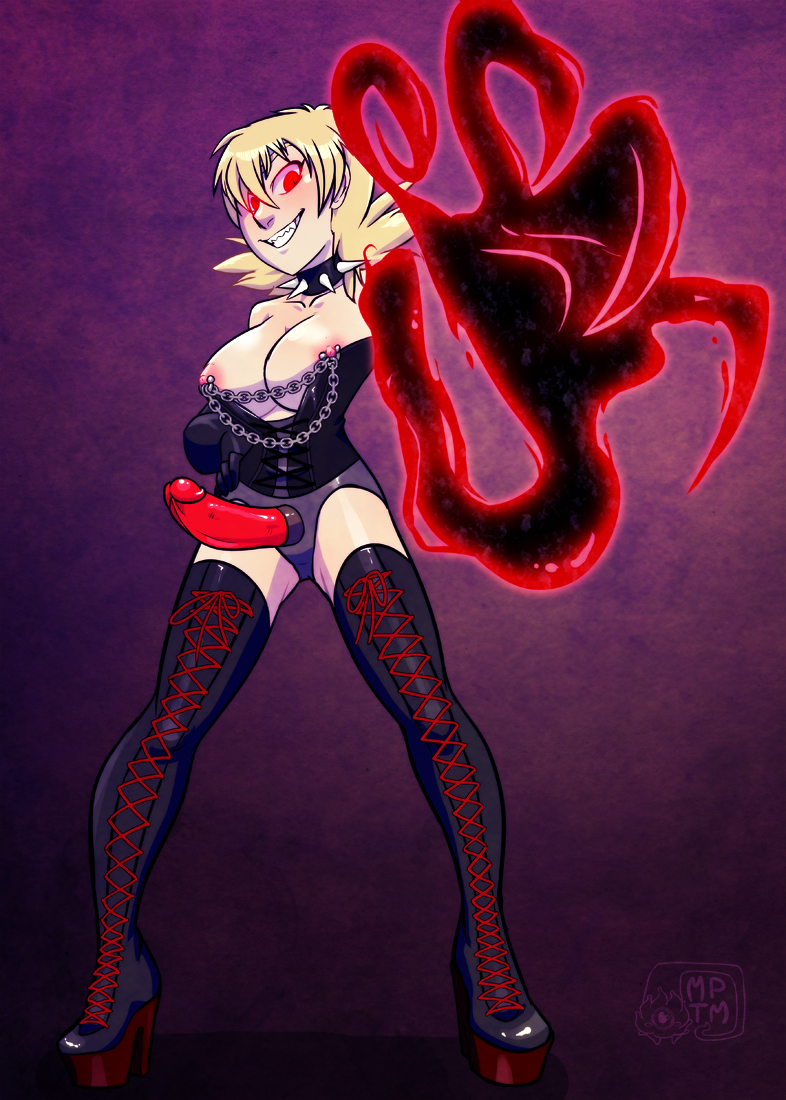 1girls, amputee, areola, blonde hair, breasts, busty, cleavage, corset, fangs, female, hellsing, high heel boots, hourglass figure, looking at viewer, my pet tentacle monster, nipple chain, nipple piercing, nipples, piercing, presenting strap-on, red eyes, seras victoria, solo, spiked collar, strap-on, strapon, thighhigh boots, vampire, voluptuous
