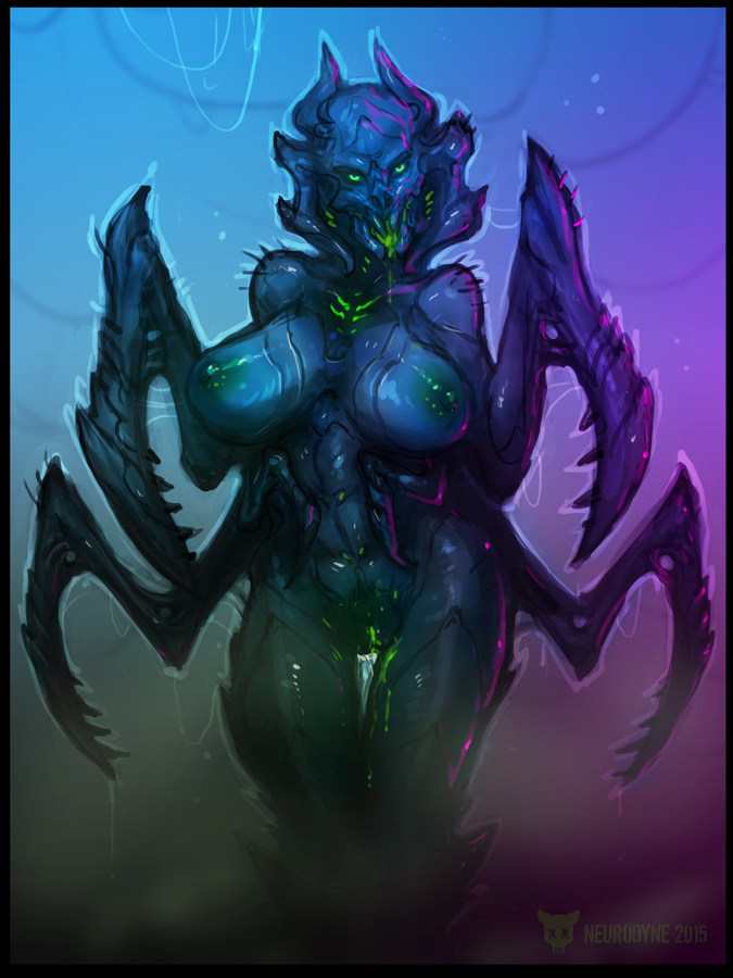2015 alien alien_girl areola big_breasts bioluminescence breasts female glowing horn insect insect_girl insectoid interspecies looking_at_viewer mandibles monster multi_arm multi_limb neurodyne nipples nude pussy pussy_juice science_fiction simple_background sketch slime solo unknown_species xeno