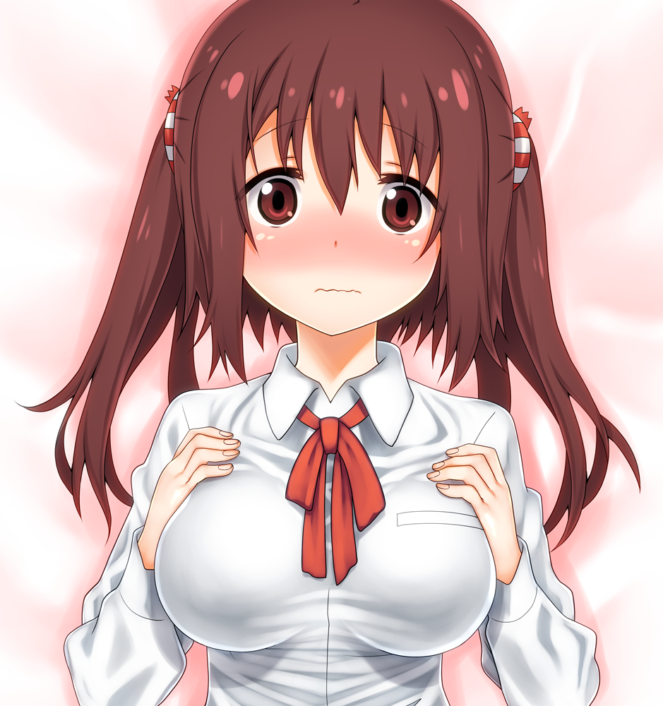 blush breasts brown_eyes brown_hair dakimakura ebina_nana female himouto!_umaru-chan large_breasts long_hair okina_ika school_uniform shirt solo tied_hair twintails wavy_mouth