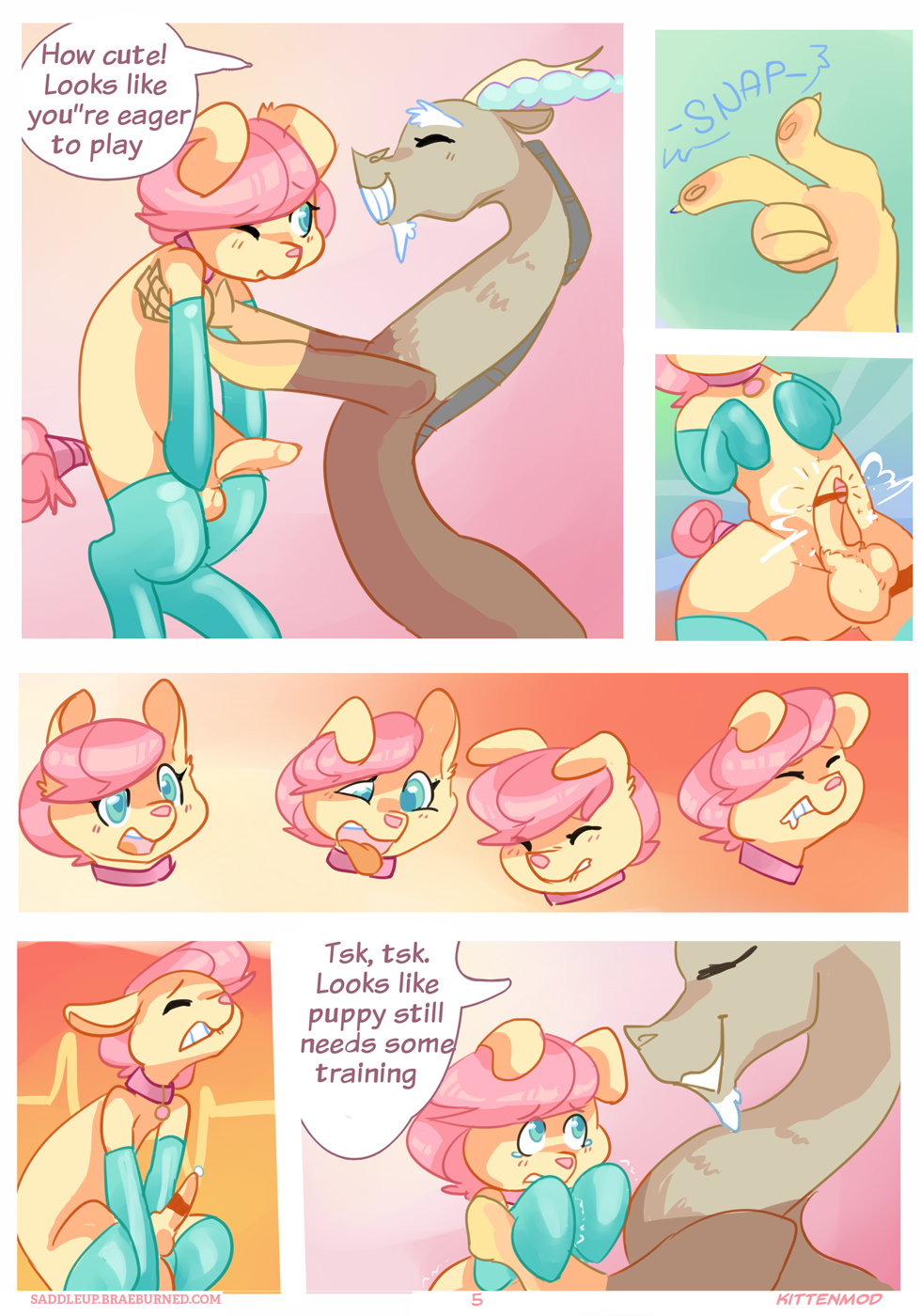 balls blue_eyes butterscotch_(mlp) canine collar comic dialogue discord_(mlp) draconequus english_text erection feral fluttershy_(mlp) friendship_is_magic girly hair kittenmod male mammal my_little_pony penis petplay pink_hair roleplay rule_63 sex_toy text tongue tongue_out transformation vibrator