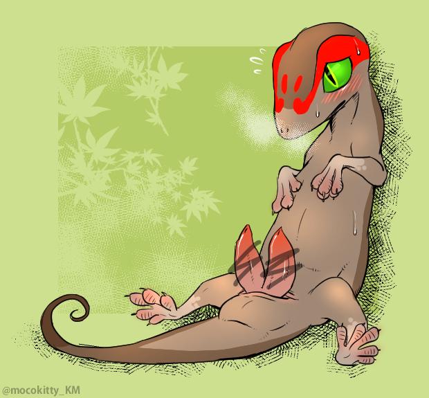 2015 animal_genitalia blush breath brown_skin censored claws cloaca denmoko diphallia diphallism english_text erection facial_markings feral gecko genital_slit green_background green_eyes hemipenes leaves lizard male male_only markings multi_penis original original_character penis red_skin reptile scalie simple_background sitting slit solo spread_legs spreading sweat tail_between_legs tapering_penis text