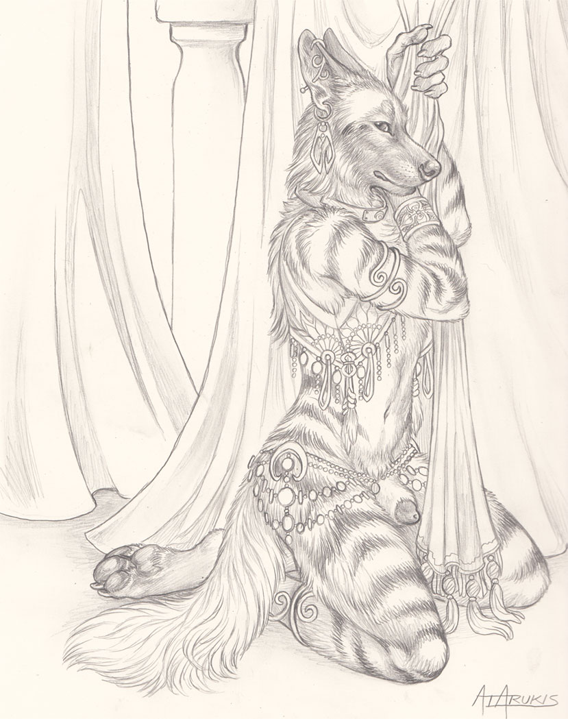 1boy 2015 ahsan anthro belly_dancer claws curtains ear_piercing fur harem hyena jewelry kneeling male male_only mammal nude pawpads paws penis penis_tip piercing pillar rukis sheath silk sketch solo striped_body striped_hyena