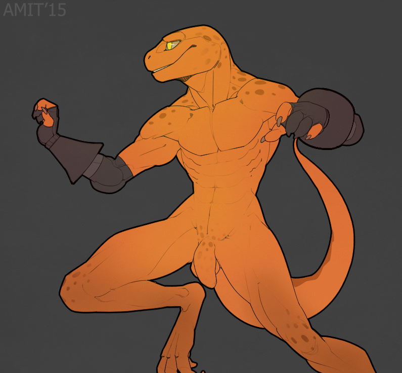 1boy 2015 amit anthro claws clothed clothing digitigrade fingerless_gloves flaccid gecko gloves grey_background grin humanoid_penis lizard long_foreskin male male_only muscles orange_scales penis reptile scalie sharp_teeth simple_background solo spots teeth yellow_eyes yellow_scales