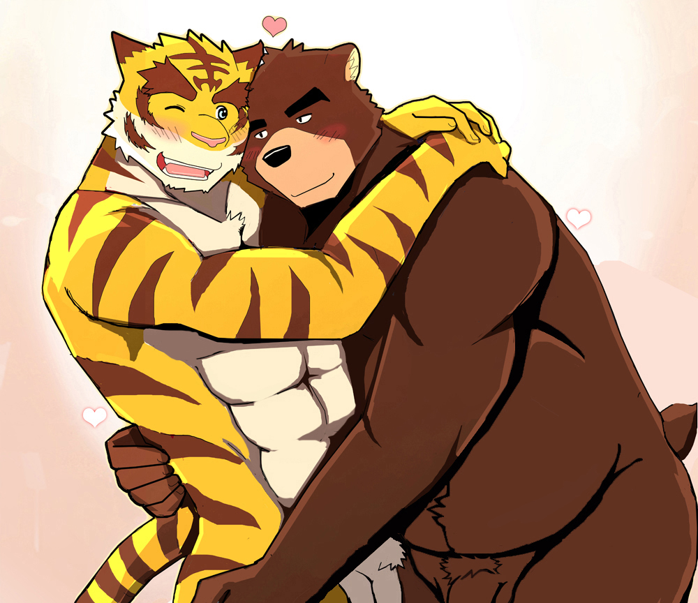 abs bearlovestiger13 biceps duo feline hug juuichi_mikazuki male mammal morenatsu muscles nude open_mouth pecs penis simple_background tiger torahiko_(morenatsu) white_background yaoi