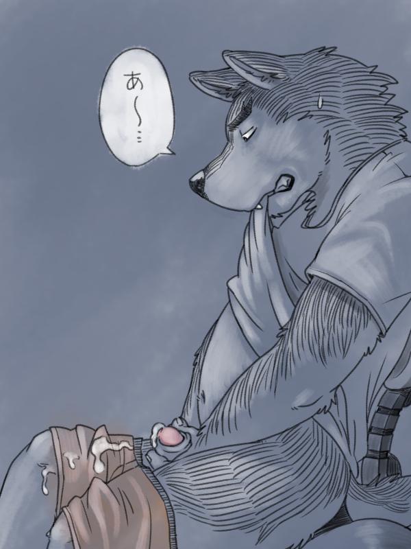 1boy 2015 anthro belly bite biting_clothes black_nose blush boxers_(clothes) canine chest_tuft clothed clothes cum cum_on_clothes cum_on_leg cum_on_penis cum_on_self erection eyebrows fur grey_background humanoid_penis japanese_text kemono kotori looking_at_penis looking_down male male_only mammal masturbation navel partially_clothed penis shirt shirt_lift simple_background sitting solo sweat sweatdrop teeth text thick_eyebrows tuft two-handed_masturbation uncut underwear underwear_aside underwear_down wolf