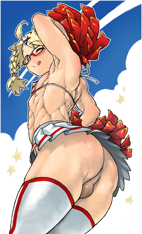 1boy ;q ahoge androgynous anus armpits ass blonde_hair blue_eyes braid cheerleader crossdressing glasses muscle no_panties red-framed_glasses skirt solo testicles thighhighs tied_hair tongue wamusato_haru wink