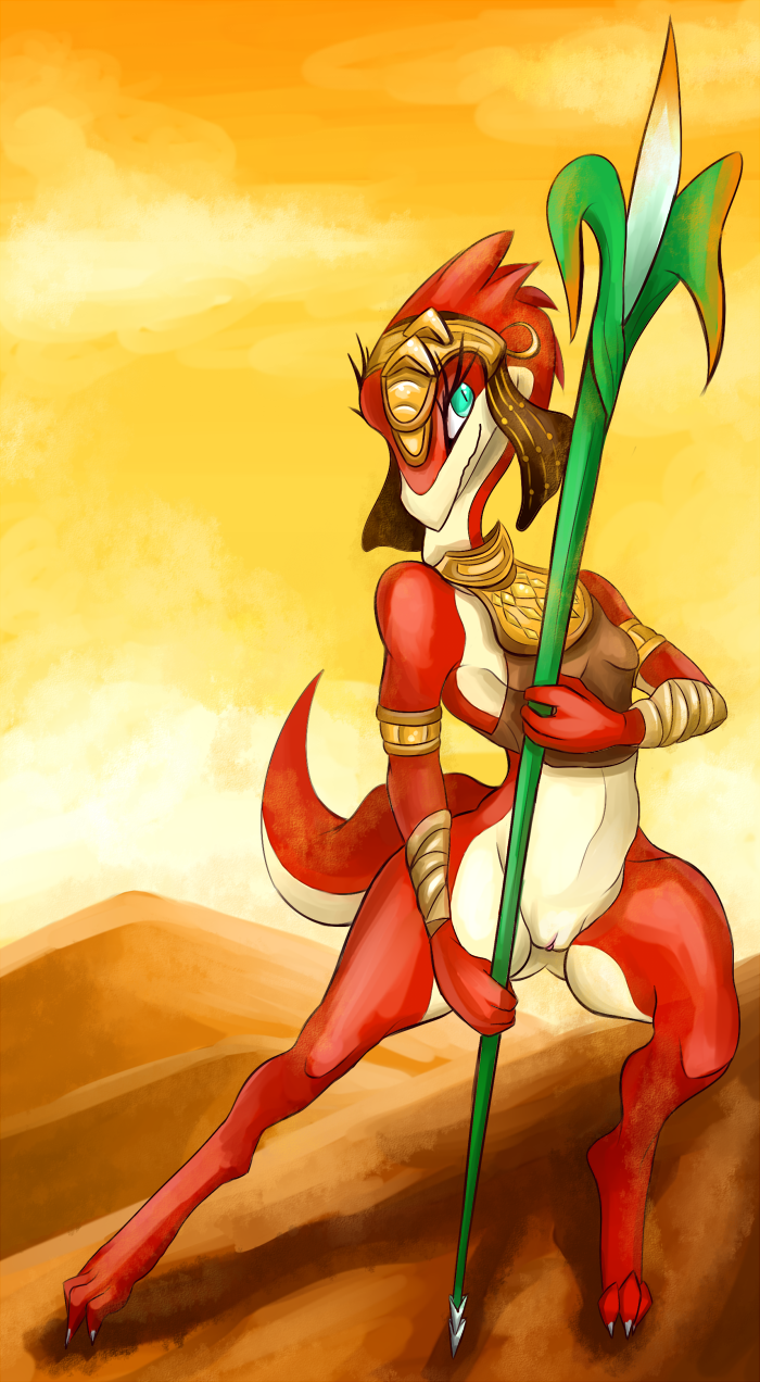 anthro armor bottomless clothed clothing desert drauk ear_piercing ever_oasis female freelime helmet jewelry lizard looking_up melee_weapon miura nintendo partially_clothed piercing polearm pussy reptile sand scalie smile solo spear video_games weapon