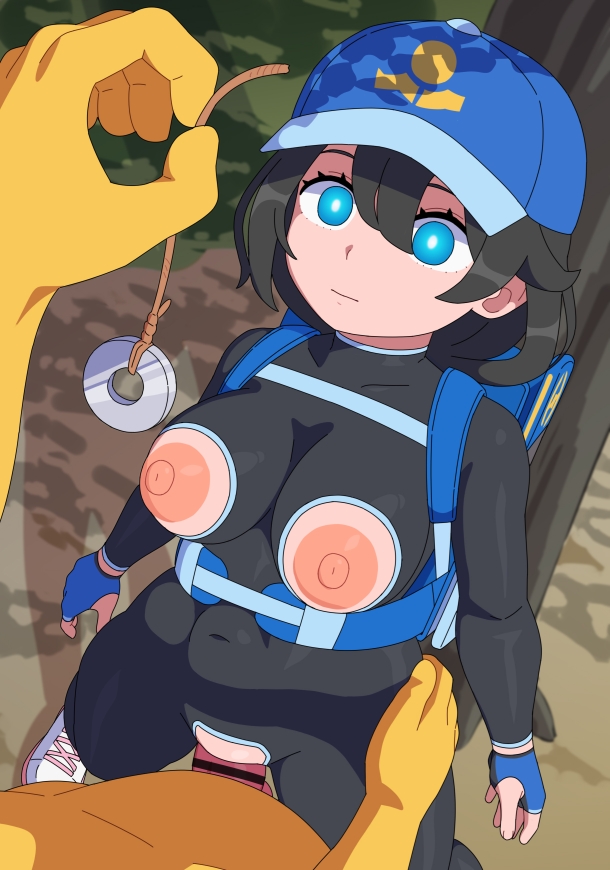 1girls, backpack, black hair, blue eyes, bodysuit, breasts, breasts out, cap, expressionless, female, female protagonist (pokemon ww), feral pov, forest, game freak, hypno, hypnosis, kabeume, mind control, nintendo, outdoors, pendulum, pokemon, pokemon (species), pokemon ww, pokephilia, pov, sleeper, sleeper (pokemon)