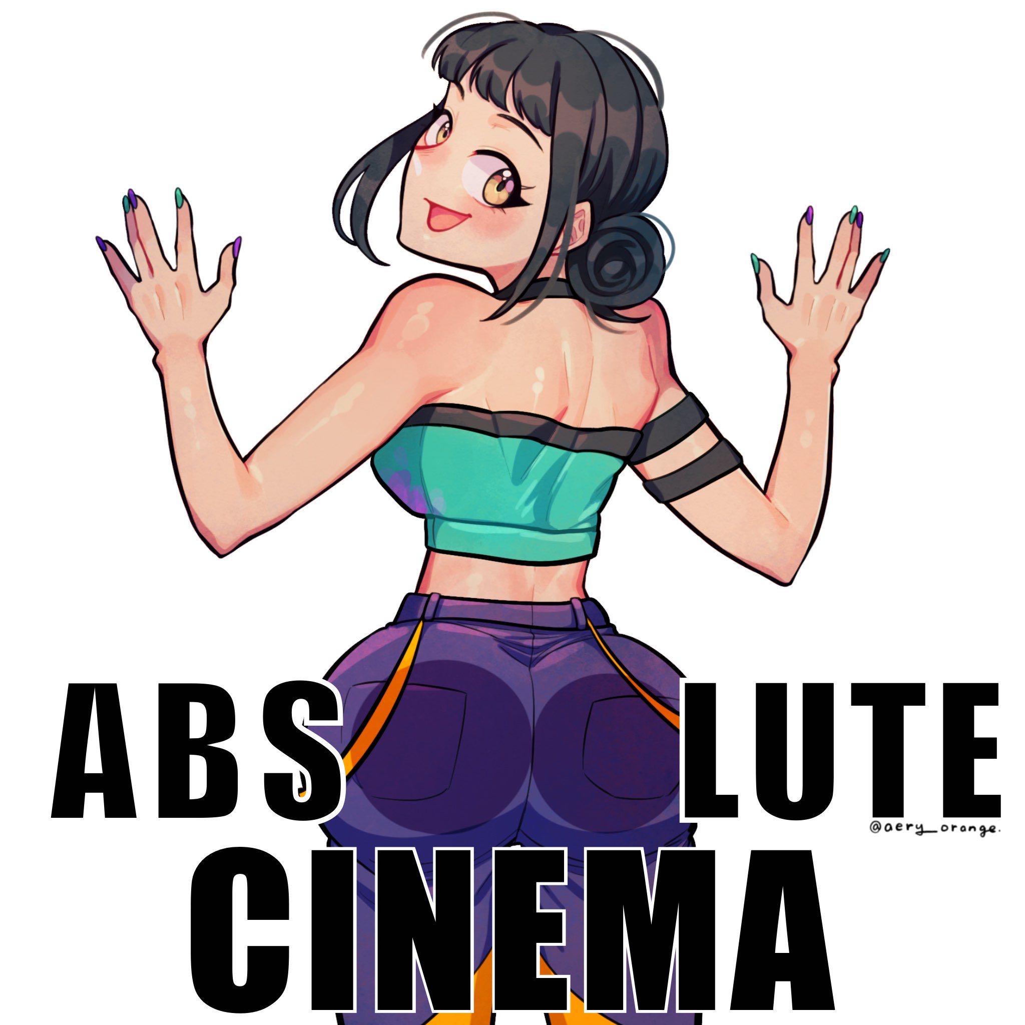 1girls, 2d, 2d (artwork), absolute cinema, aery orange, artist name, ass, ass press, big ass, big butt, black hair, breasts, butt, female focus, huge ass, kpop demon hunters, midriff, questionable, solo, solo female, solo focus, white background, zoey (kpop demon hunters)