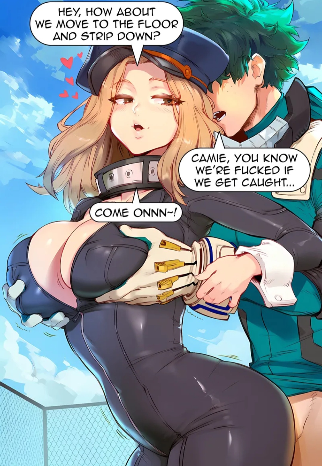 1boy, 1girls, ai generated, aksn, big breasts, blonde hair, blonde-haired female, boku no hero academia, camie utsushimi, comic, green-haired male, groping breasts, groping from behind, hearts around head, huge breasts, izuku midoriya, large breasts, midoriya izuku, my hero academia, public, public sex, thick thighs, utsushimi camie