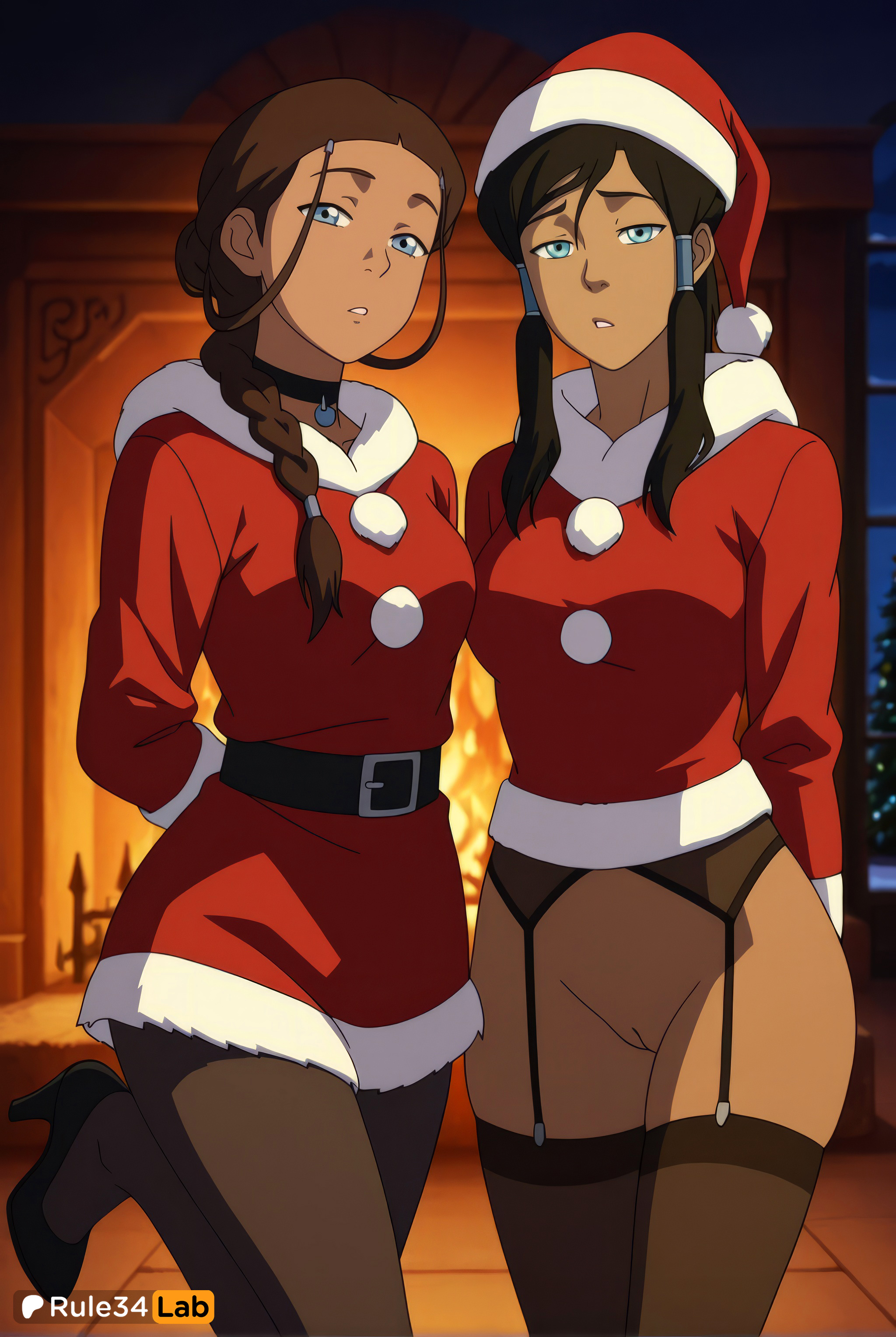 2girls, ai generated, anime coloring, arms behind back, artist name, avatar legends, avatar the last airbender, belt, blue eyes, braid, breasts, brown hair, choker, christmas, christmas outfit, dark skin, dark-skinned female, fireplace, fur trim, garter belt, hair tubes, hat, hi res, high heels, katara, korra, long hair, looking at viewer, medium breasts, multiple girls, nickelodeon, nicktoons, no panties, pantyhose, pussy, rule34lab, santa costume, santa hat, single braid, the legend of korra, thighhighs, uncensored