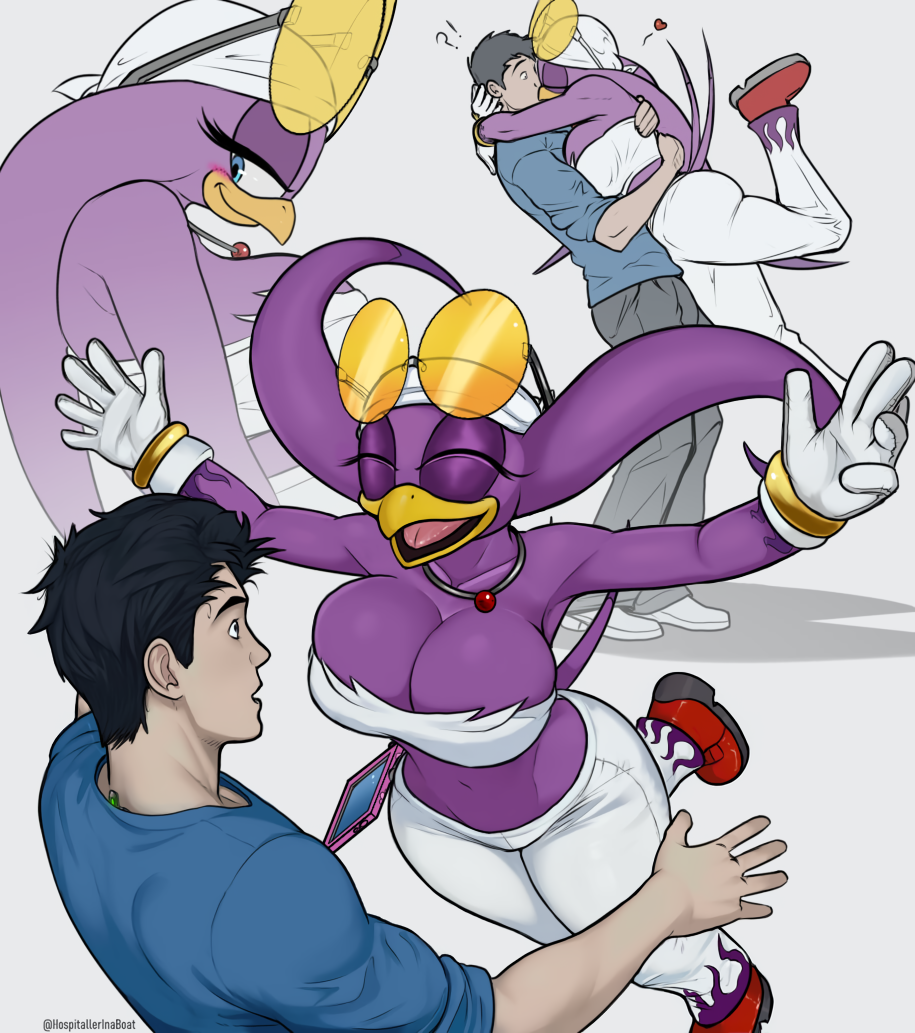 !?, 1boy, 1girls, anthro, ass, avian, big ass, big breasts, bird, black hair, blue eyes, blush, breasts, female, hospitallerinaboat, hug, human, kiss, male, sega, sonic (series), tagme, video games, wave the swallow, wholesome