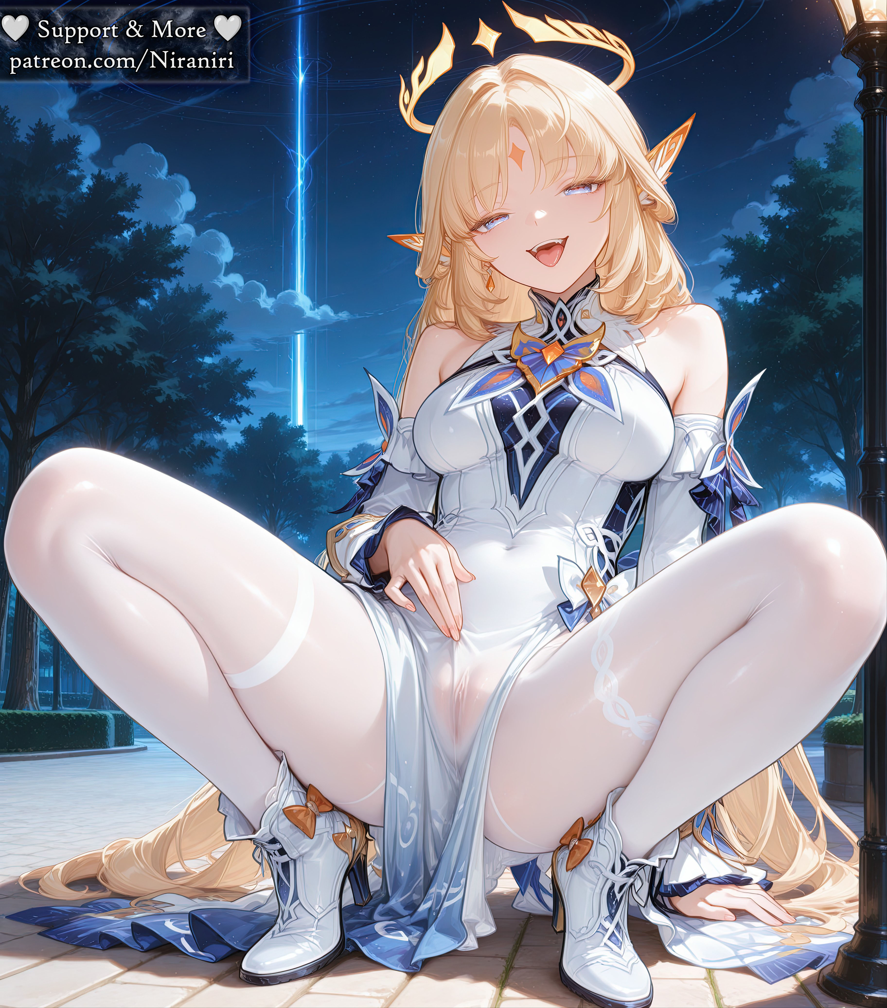 :d, 1girl, absurd res, ai assisted, ai generated, arm support, bangs, bare shoulders, blonde hair, blue eyes, boots, breasts, cameltoe, clothing, covered navel, detached sleeves, dress, earrings, facial mark, female, footwear, full body, genshin impact, halo, high heel boots, high heels, lamppost, legwear, long hair, long sleeves, looking at viewer, m legs, medium breasts, naughty face, nicole reeyn (genshin impact), night, night sky, niraniri, no panties, open mouth, outdoors, pantyhose, pelvic curtain, pointy ears, pussy, see-through, shoes, sky, smile, solo, spread legs, squatting, teeth, thighband pantyhose, thighs, tongue, tongue out, tree, upper teeth only, very long hair, white dress, white footwear, white legwear, white pantyhose