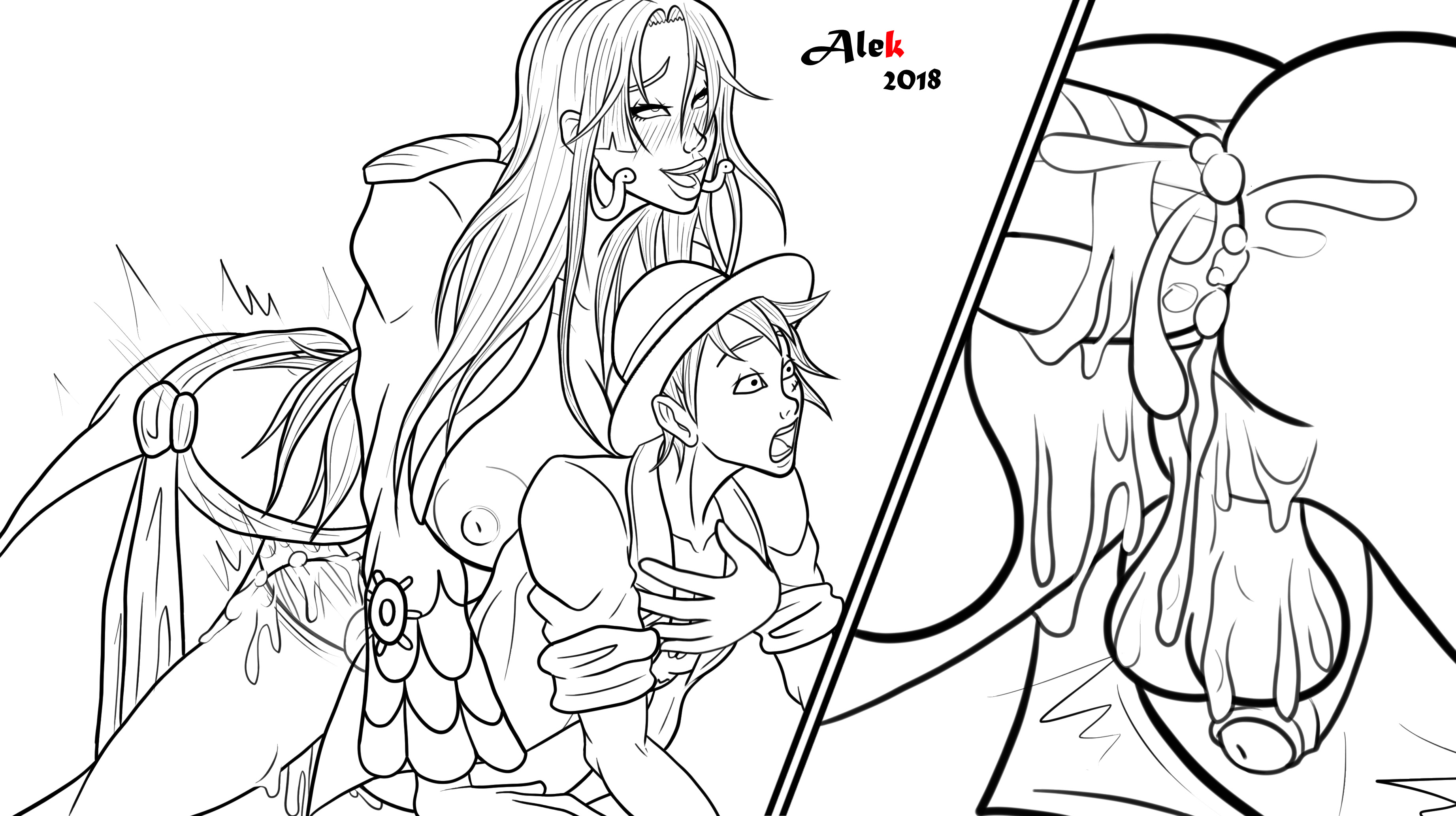 alekerectsociety, ass, boa hancock, cum, cum in ass, cum inside, doggy style, fucked silly, futa is bigger, futa on male, futanari, intersex, larger futa, male, monkey d luffy, monochrome, one piece, penis, penis size difference, size difference, small penis, smaller male