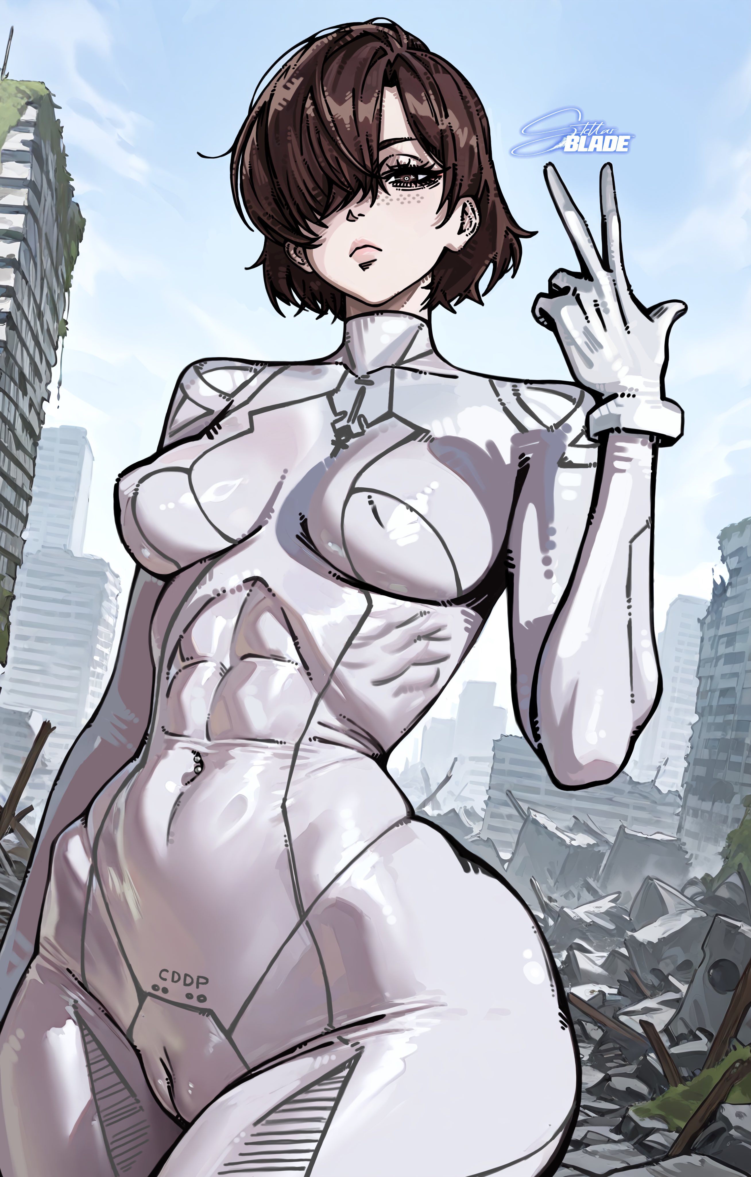 1girls, 2d, 5 fingers, artist request, bodysuit, brown hair, camel toe, cameltoe, clothing, evie (stellar blade), female, freckles, handwear, human, jpeg, pale skin, peace sign, plugsuit, public, shift up, short hair, skintight, skintight clothing, stellar blade, stellar blade: blood rain, tagme (artist), thick thighs, tomboy, vagina, white bodysuit, white plugsuit, wide hips