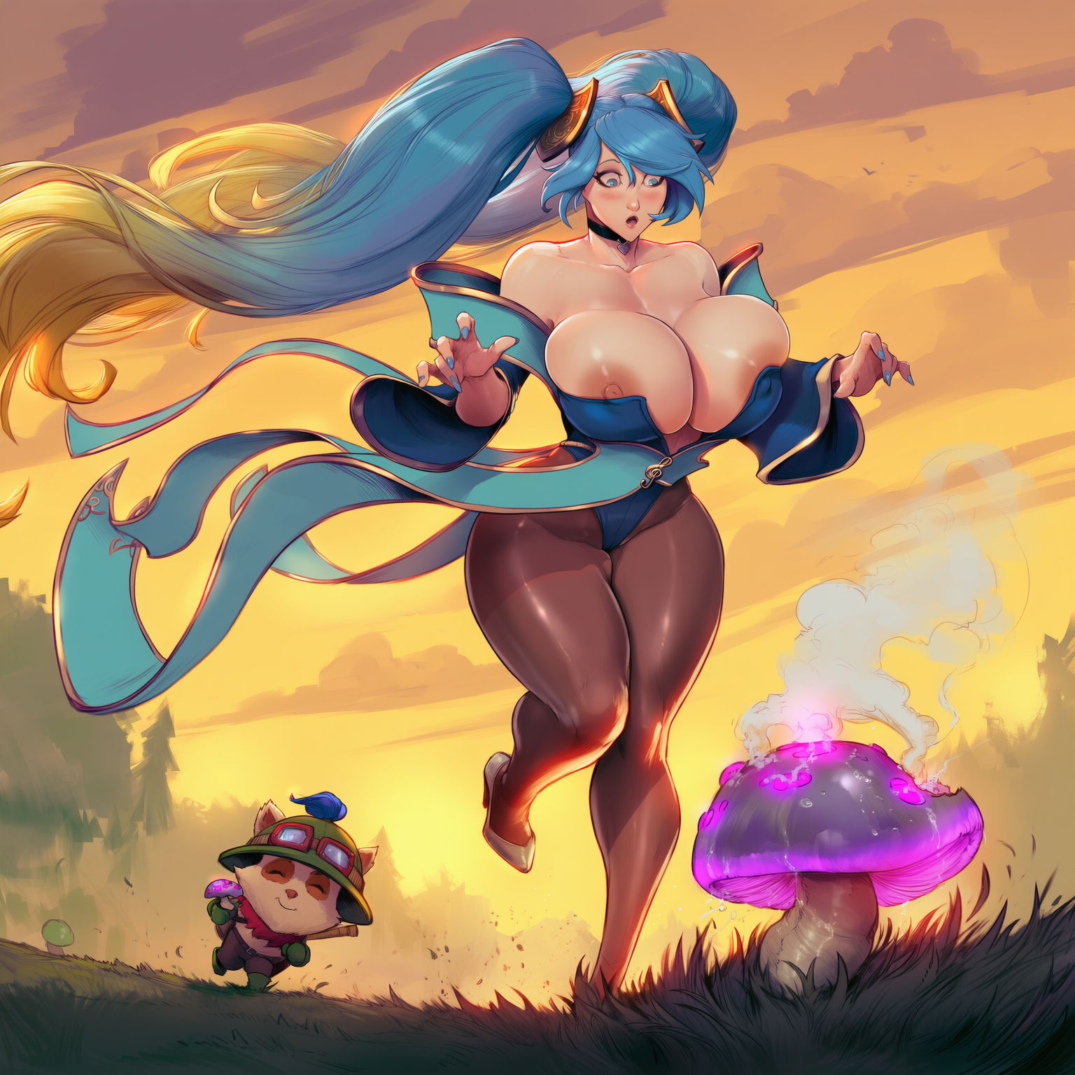 1boy, 1girl, ai generated, bikini, blue hair, bustybunz, choker, commentary request, glowing, glowing mushroom, grass, high heels, huge breasts, large breasts, league of legends, long hair, micro bikini, mushroom, open mouth, outdoors, ponytail, sona (league of legends), sunset, surprised, tagme, teemo, thighhighs, wide eyes, yordle