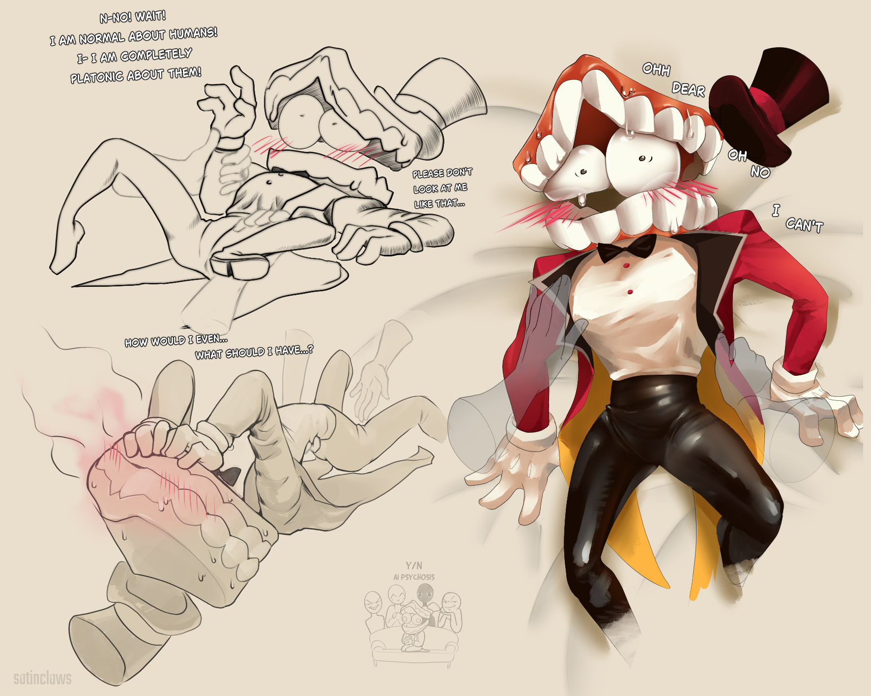 1boy, ambiguous gender, caine (tadc), caine (the amazing digital circus), nervous, pinned, satinclaws, teasing, the amazing digital circus, y/n