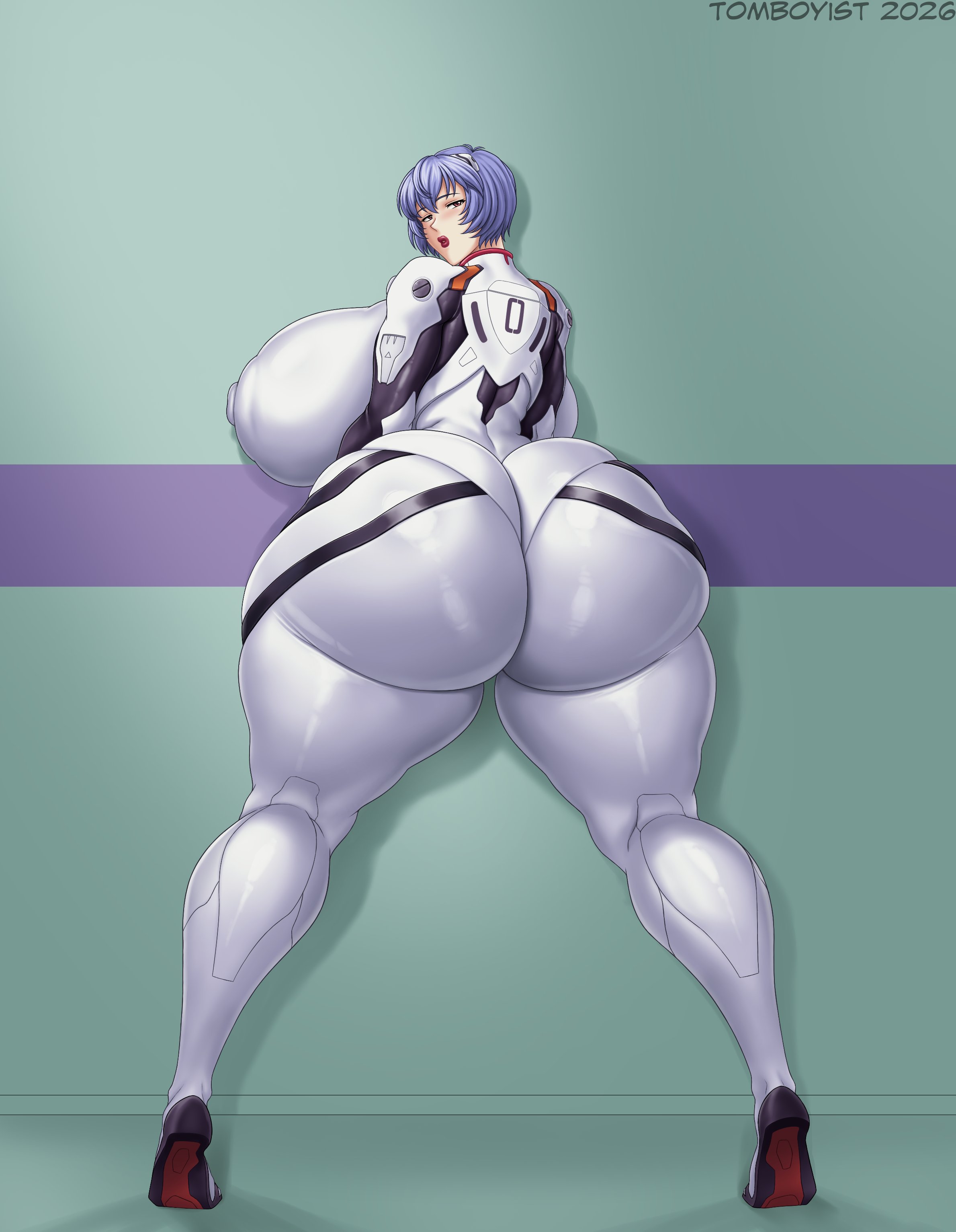 1girls, alternate ass size, alternate body type, alternate breast size, areola bulge, areolae, ass, ass bigger than head, ass focus, big ass, big breasts, blue hair, bodysuit, boobs, breasts, breasts bigger than head, bubble butt, butt, child bearing hips, curvaceous, curvy, dumptruck ass, female, female only, full body, gargantuan ass, gargantuan breasts, gloves, hips, hips wider than shoulders, huge ass, huge breasts, hyper, lipstick, looking at viewer, looking back, milkers, neon genesis evangelion, nipple bulge, nipple outline, nipples, paag, plugsuit, red eyes, rei ayanami, sideboob, skin tight, skin tight suit, solo, solo female, solo focus, thick, thick ass, thick hips, thick thighs, tomboyist, voluptuous