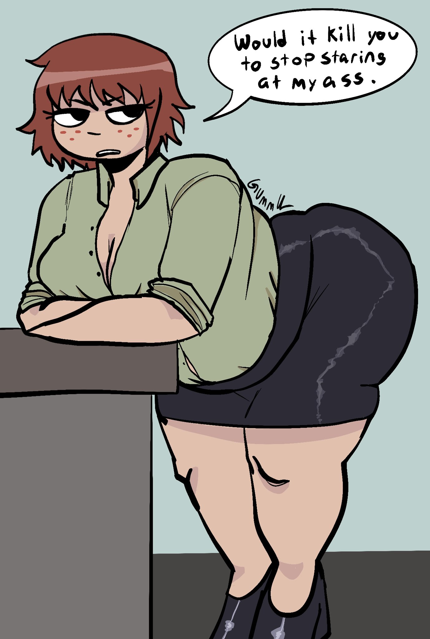 acanthocybiums1, auburn hair, big butt, big butt (female), button down shirt, caught in the act, caught staring, child bearing hips, cleavage, clothed, fat ass, high heels, huge ass, kim pine, miniskirt, scott pilgrim, scott pilgrim takes off, staring at ass, talking to viewer, thick thighs, wide hips