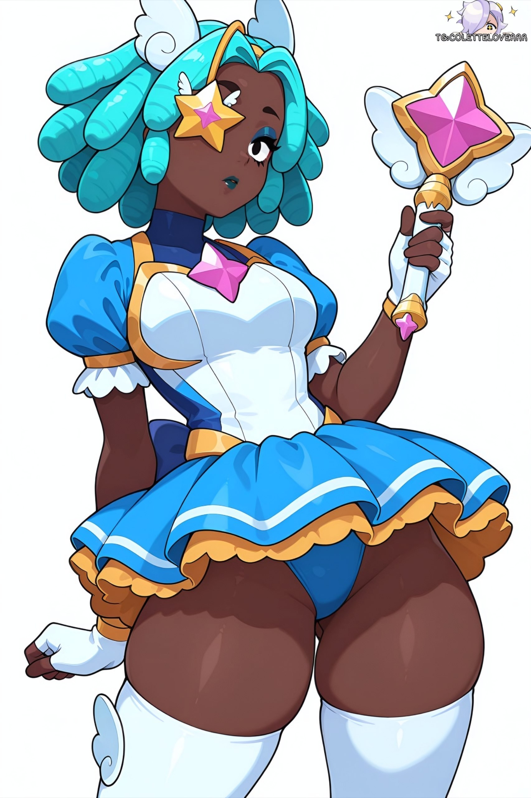 ai generated, big breasts, big thighs, black body, black female, blue eyes, blue hair, brawl stars, colettelover, juju (brawl stars), starr patrol juju (brawl stars)