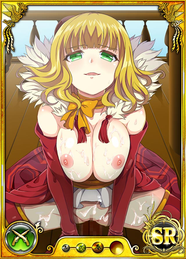 areolae blonde_hair bowtie breast_squeeze breasts breasts_out card_(medium) censored dmm elbow_gloves female green_eyes hat huge_breasts legs looking_at_viewer mosaic_censoring nipples no_bra no_panties nobunaga_wa_ore_no_yome._hime_bushou_1000-ningiri official_art open_mouth pussy short_hair simple_background smile solo squatting sweat thighs trading_cards