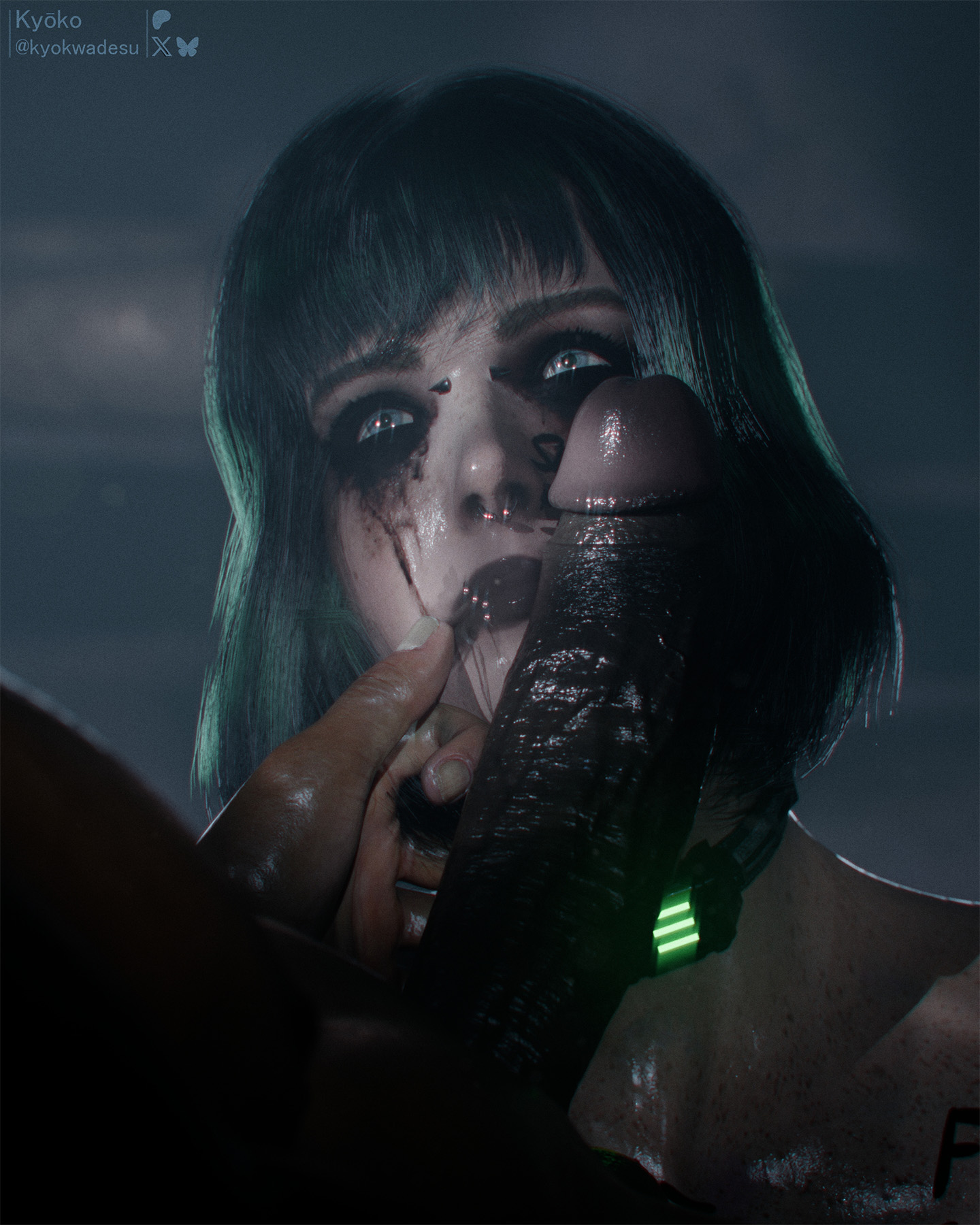1boy, 1boy1girl, 1girls, 3d, 3d (artwork), after fellatio, big penis, dark skin, dark-skinned male, ela (rainbow six), finger on lip, interracial, kyokwadesu, light-skinned female, makeup, mascara tears, rainbow six siege, sloppy, tagme