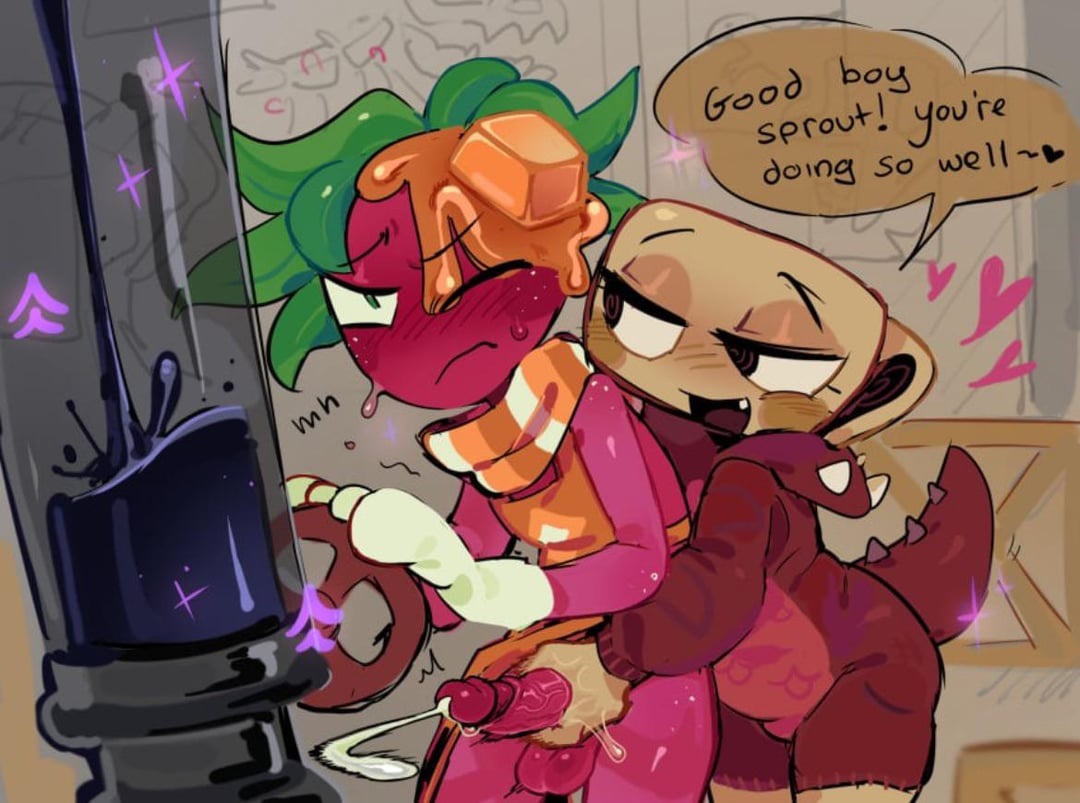 behind another, cumming, dandy's world, dino snore shelly, good boy (phrase), green hair, handjob, highres, machine, naked male, red shirt, roblox, salted caramel sprout, shelly (dandy's world), sprout (dandy's world), straight