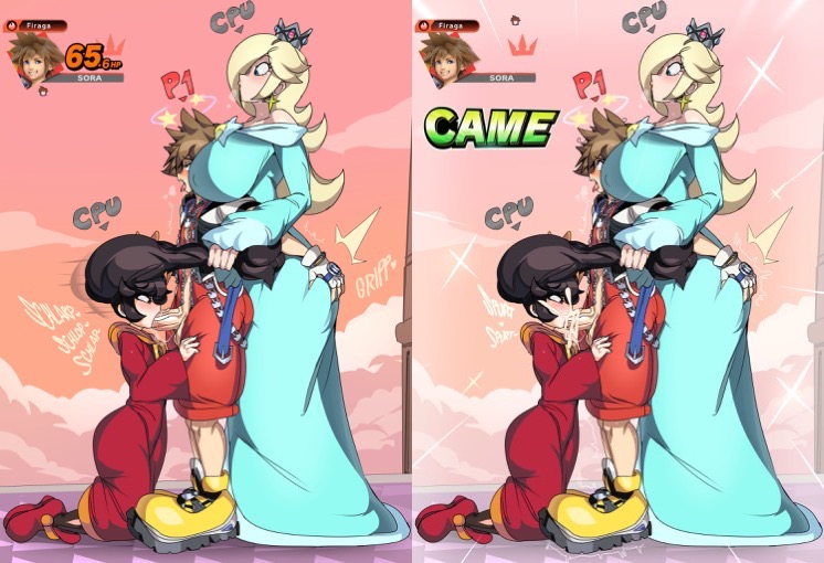 ashley (warioware), blonde hair, blue dress, captain kirb, crown, cum in mouth, defeated, ejaculation, game mechanics, gameplay mechanics, grabbing ass, grabbing hair, head between breasts, kingdom hearts, mario (series), onomatopoeia, oral sex, princess rosalina, rosalina, sora (kingdom hearts), super mario galaxy, super smash bros., super smash bros. ultimate