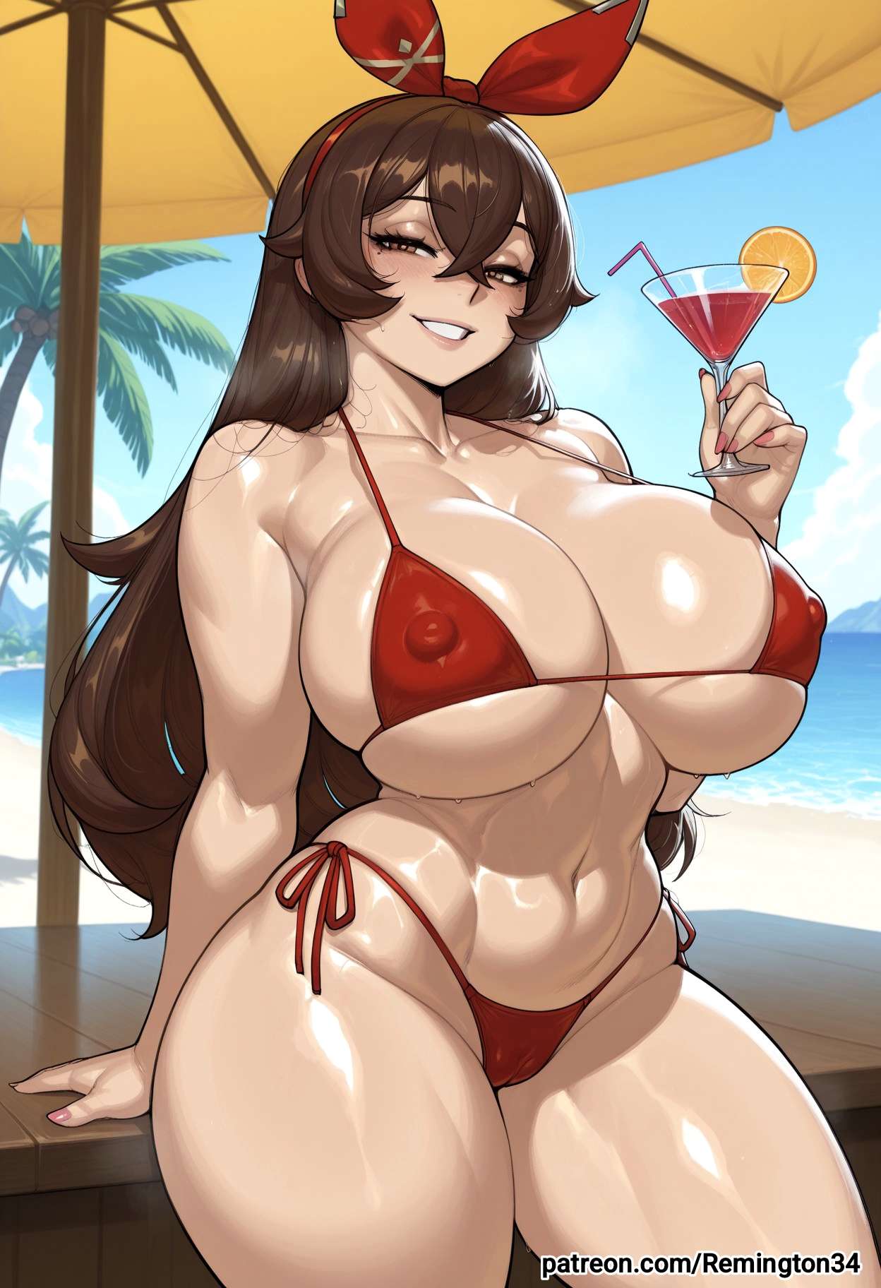 1girl, 1girls, ai generated, amber (genshin impact), ass, beach, big ass, big breasts, bikini, bimbo, blush, breasts, brown eyes, brown hair, cameltoe, cocktail, contrapposto, crossed bangs, curvaceous female, curvaceous figure, curvy, curvy body, erect nipples under clothes, fat ass, female, female focus, female only, flirting, flirting with viewer, genshin impact, hair between eyes, hair ribbon, horny, hot day, huge breasts, inviting to sex, large ass, large breasts, light-skinned female, long hair, looking at viewer, mature female, mihoyo, milf, mommy, mondstadt girls, ocean, outdoors, palms, posing, presenting, presenting self, red bikini, red hairband, red ribbon, remington34, seductive look, smile, solo, tan lines, thicc thighs, tiki bar, wet, wet hair, wide hips