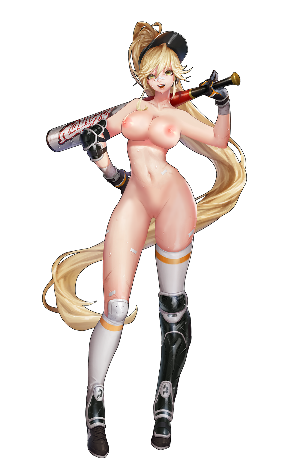 1girls blonde_hair breasts female female_only green_eyes herowarz jerry(herowarz) large_breasts light-skinned_female light_skin nipples nude photoshop ponytail sweat tied_hair uncensored