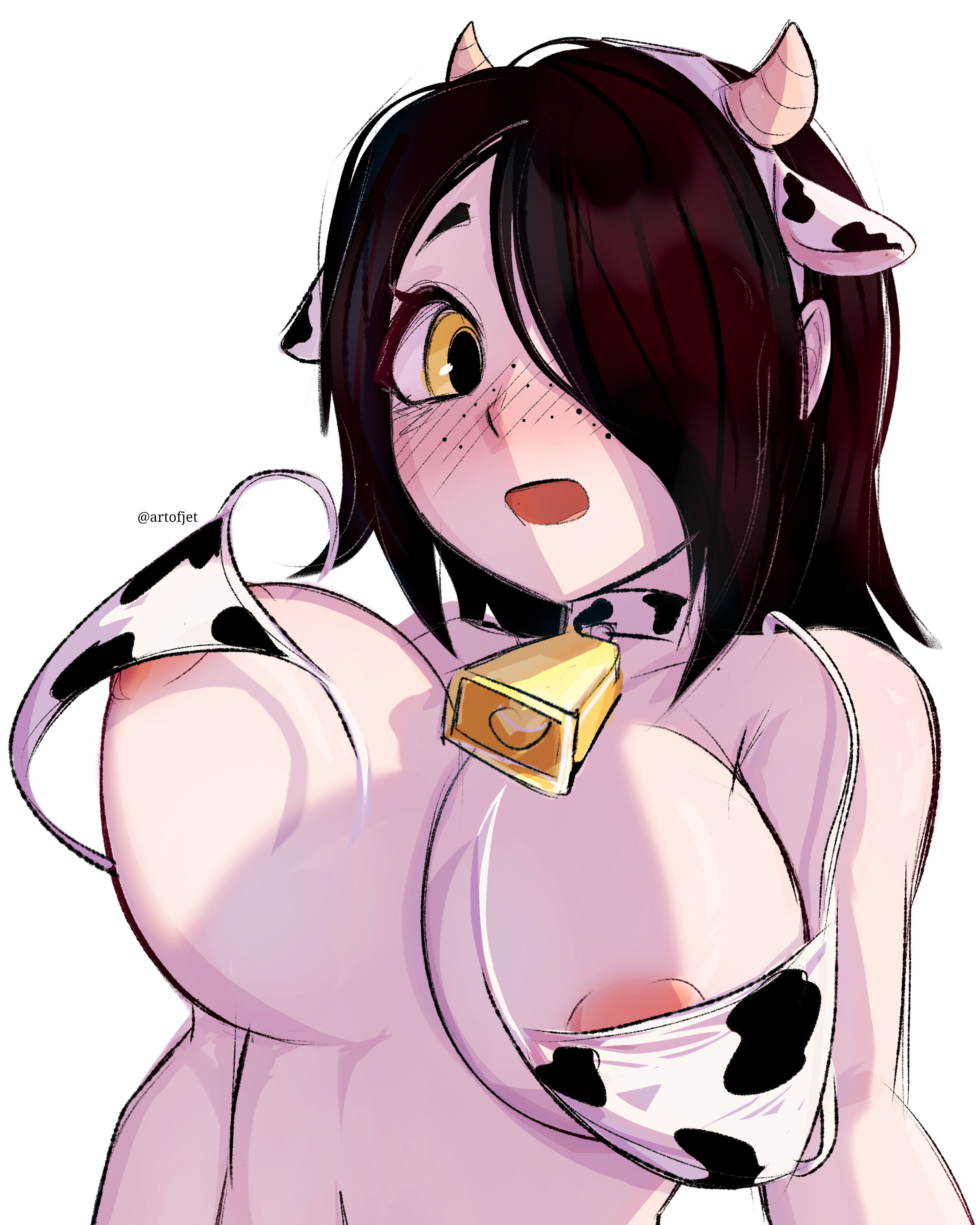 1girls, 2026, absurdres, accidental exposure, animal ear hairband, artist name, artofjet (artist), black hair, breasts, bursting breasts, cow bell, cow horns, cow print, cow print bikini, fake animal ears, female, female only, hair over one eye, highres, julia (the coffin of andy and leyley), large breasts, light skin, light-skinned female, nipples, open mouth, solo, the coffin of andy and leyley, wardrobe malfunction, watermark, white background, yellow eyes