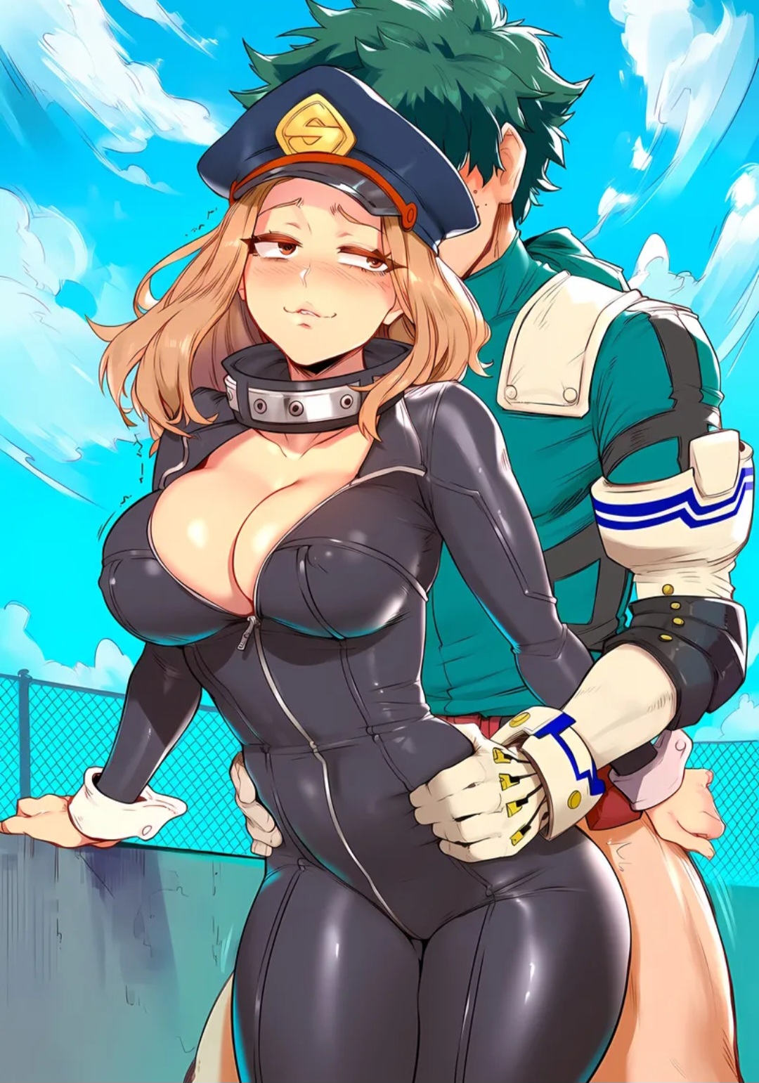 1boy, 1girls, ai generated, aksn, big breasts, blonde hair, blonde-haired female, blush, blushing, boku no hero academia, brown hair, camie utsushimi, comic, green hair, green-haired male, holding hips, huge breasts, izuku midoriya, large breasts, midoriya izuku, my hero academia, public, thick thighs, utsushimi camie